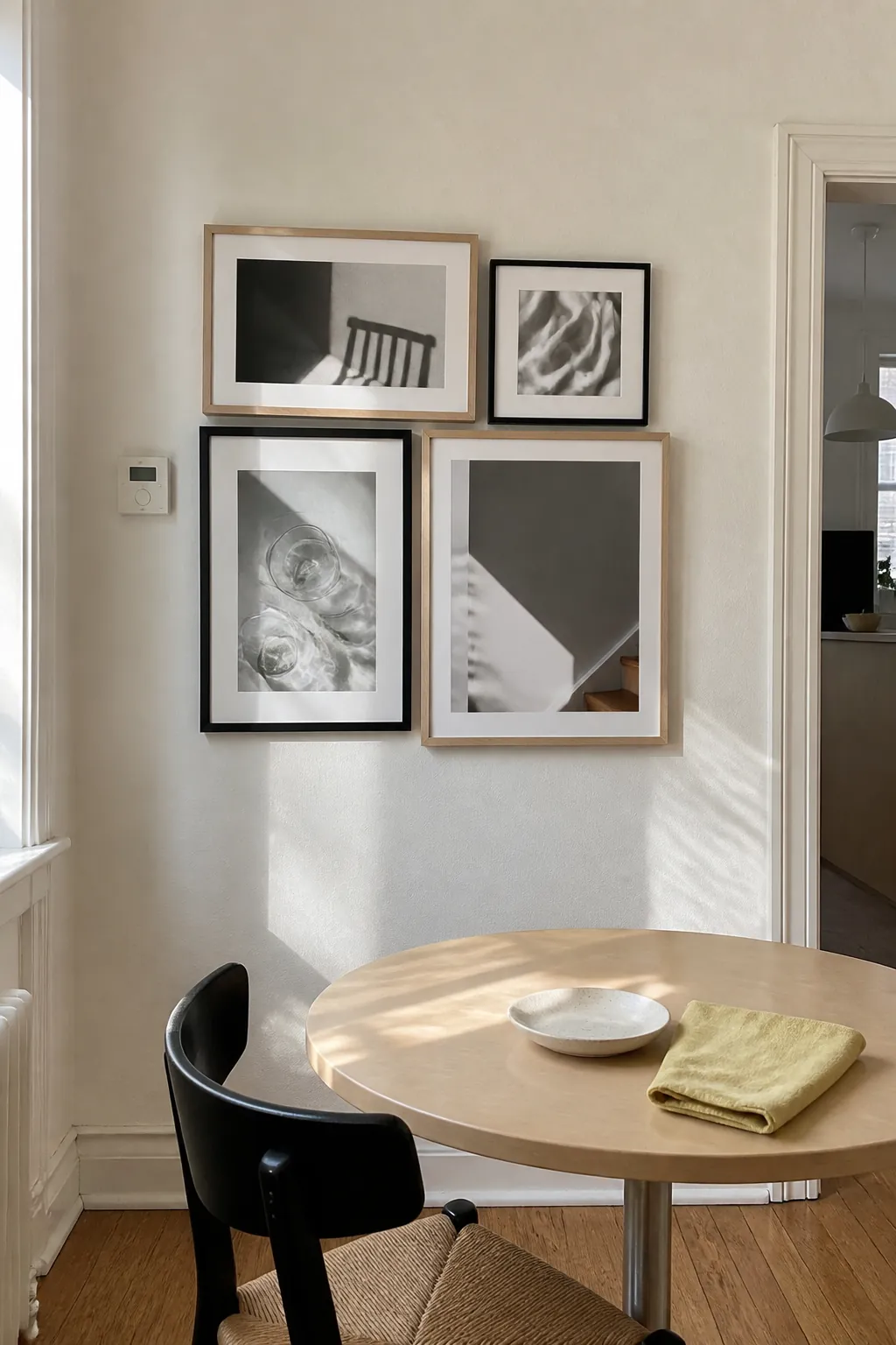 Unequal picture frame sizes arranged within a clean square outline
