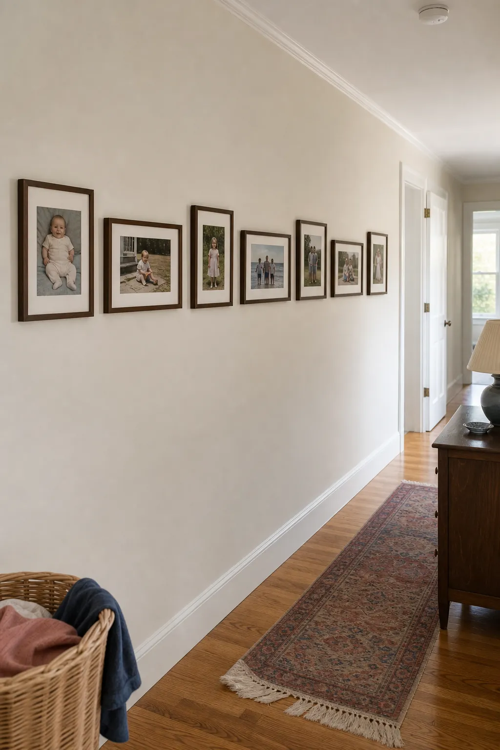 Family photo timeline arranged along one horizontal centerline