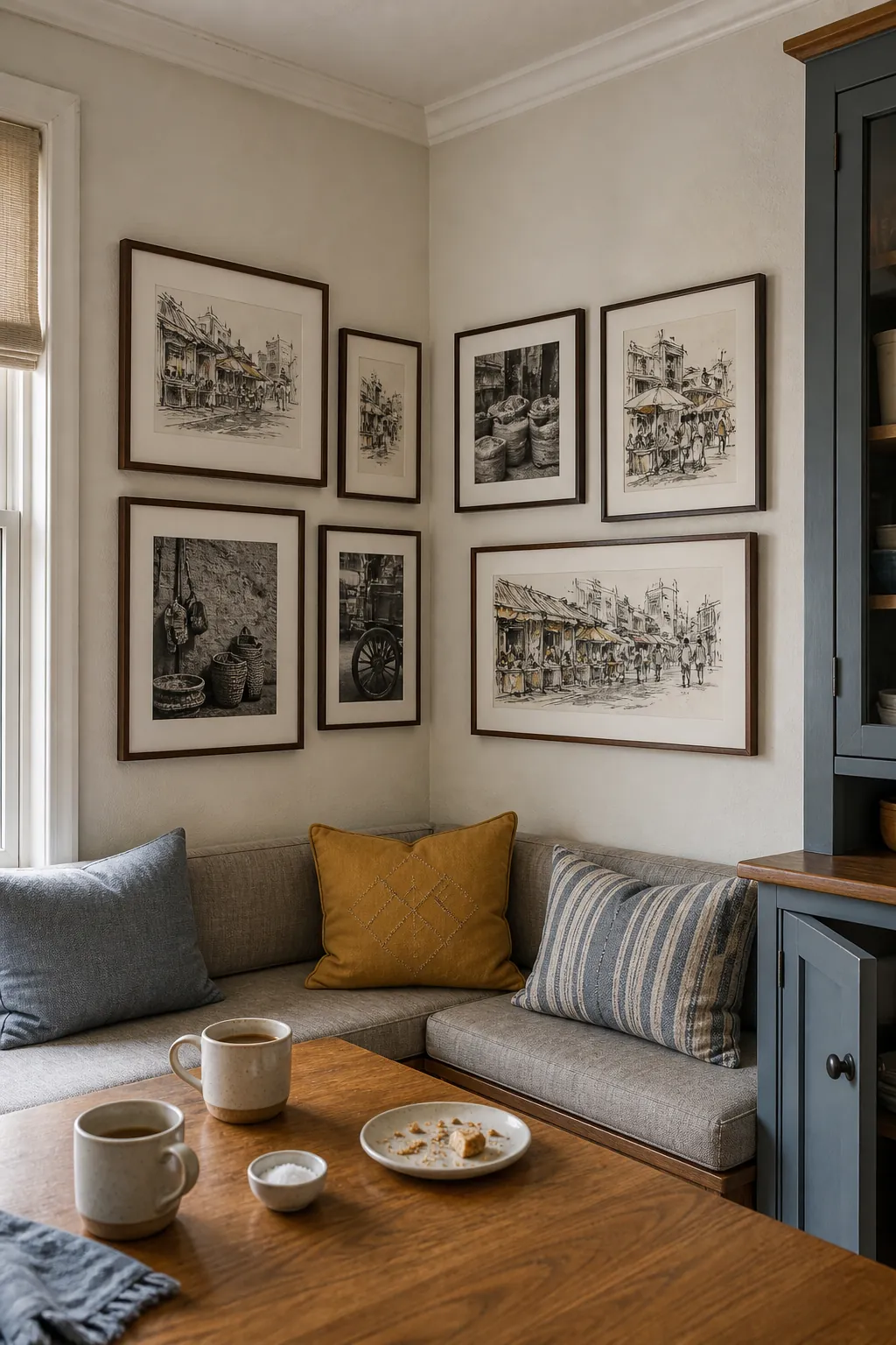 Picture frame grouping wrapped across an inside room corner