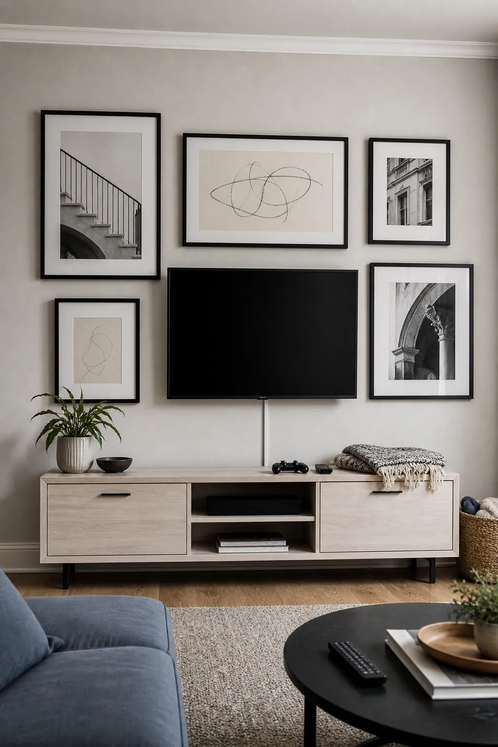 Television integrated into a quiet black and white picture frame wall