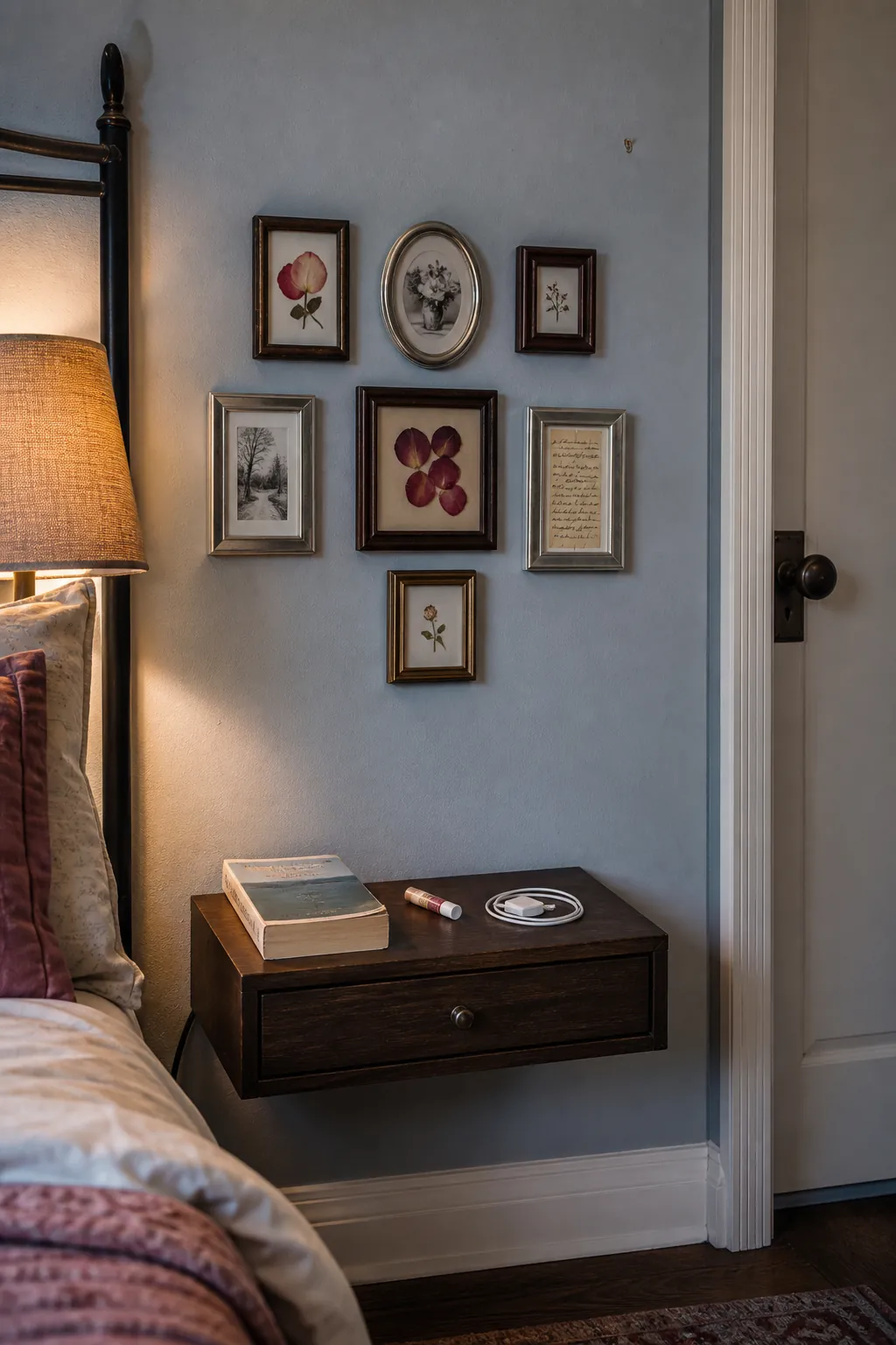 Tiny framed photographs grouped tightly within a generous wall boundary