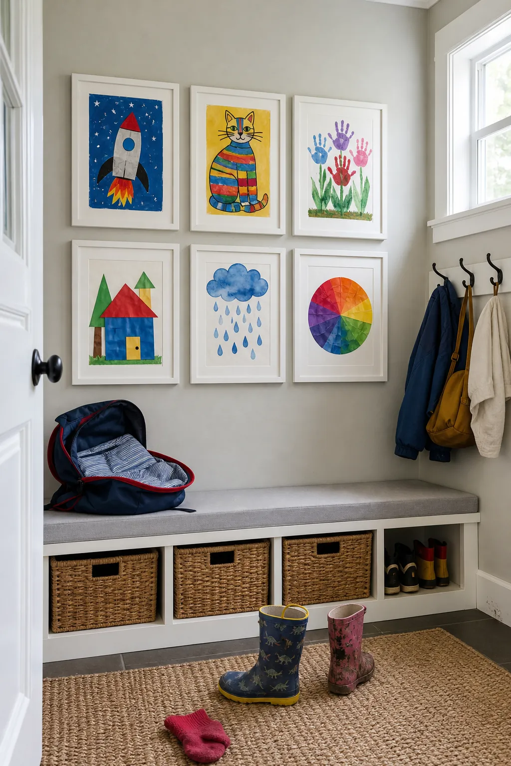 Colorful children’s artwork organized in a rotating frame display