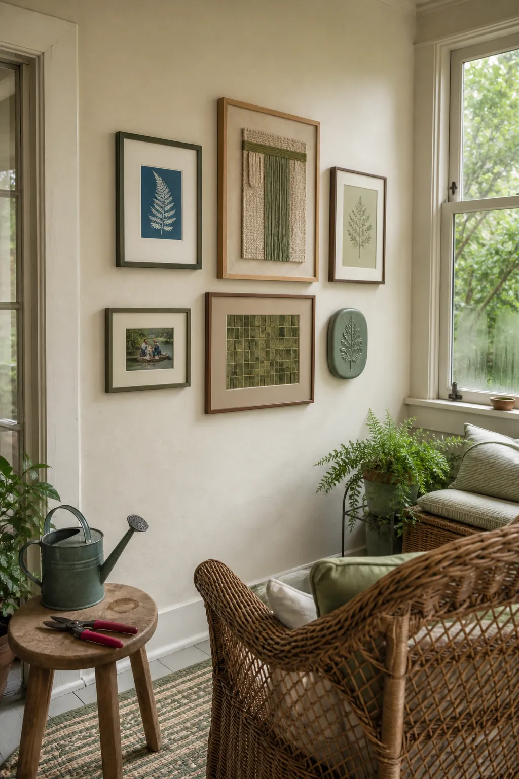 Eclectic picture frames unified by a rich green color story
