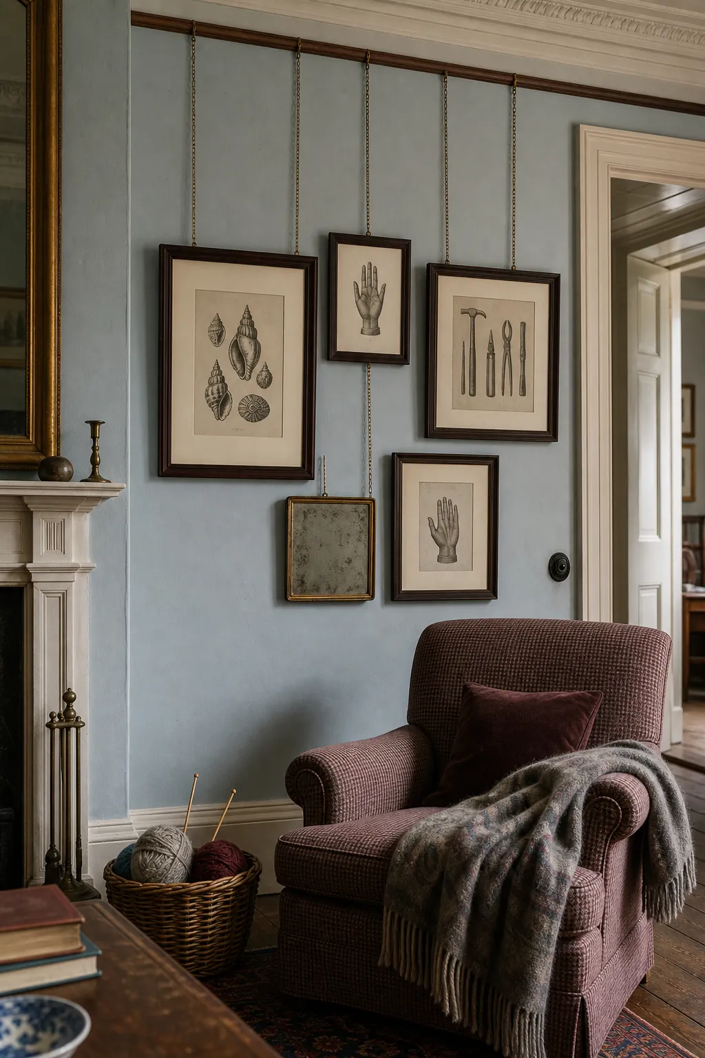 Framed pictures suspended at varied heights from a traditional picture rail