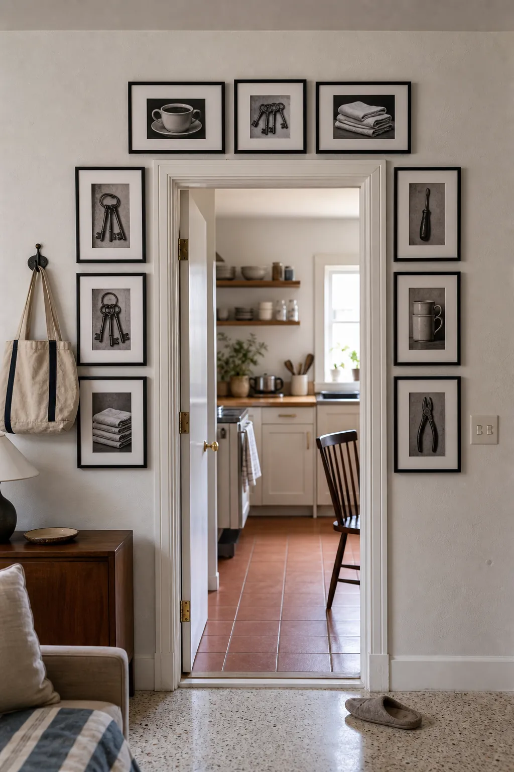 Slim picture frames arranged around the outline of a doorway