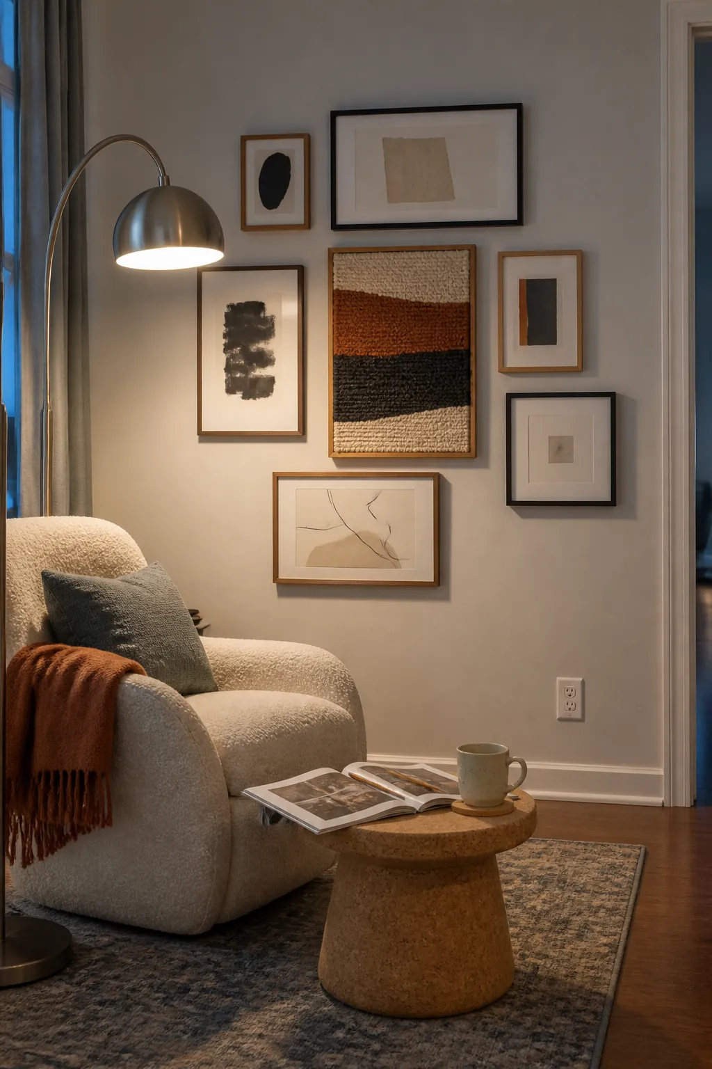 Off-center picture frame cluster balanced beside a floor lamp