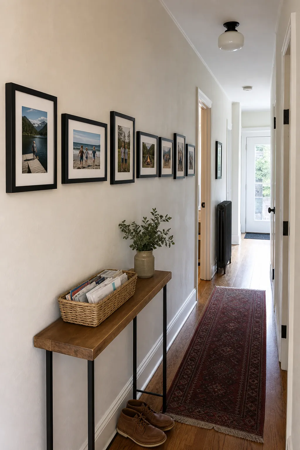 Continuous ribbon of black picture frames along a bright hallway