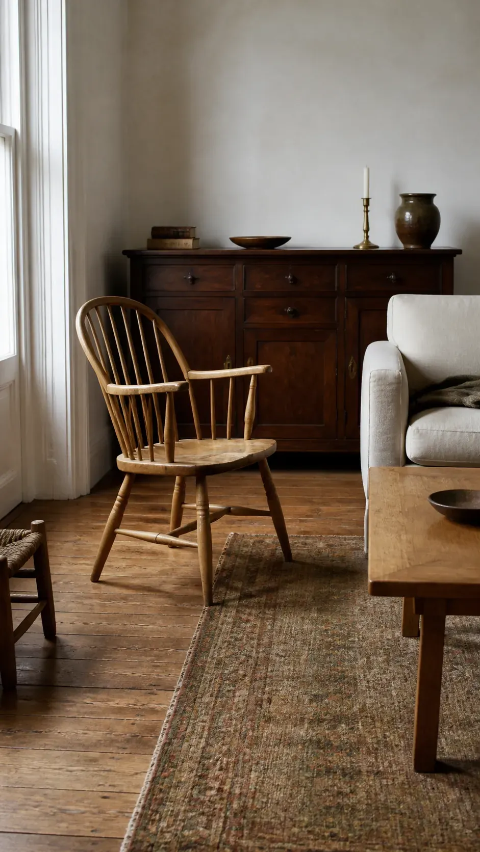 Collected vintage living room with layered warm wood tones