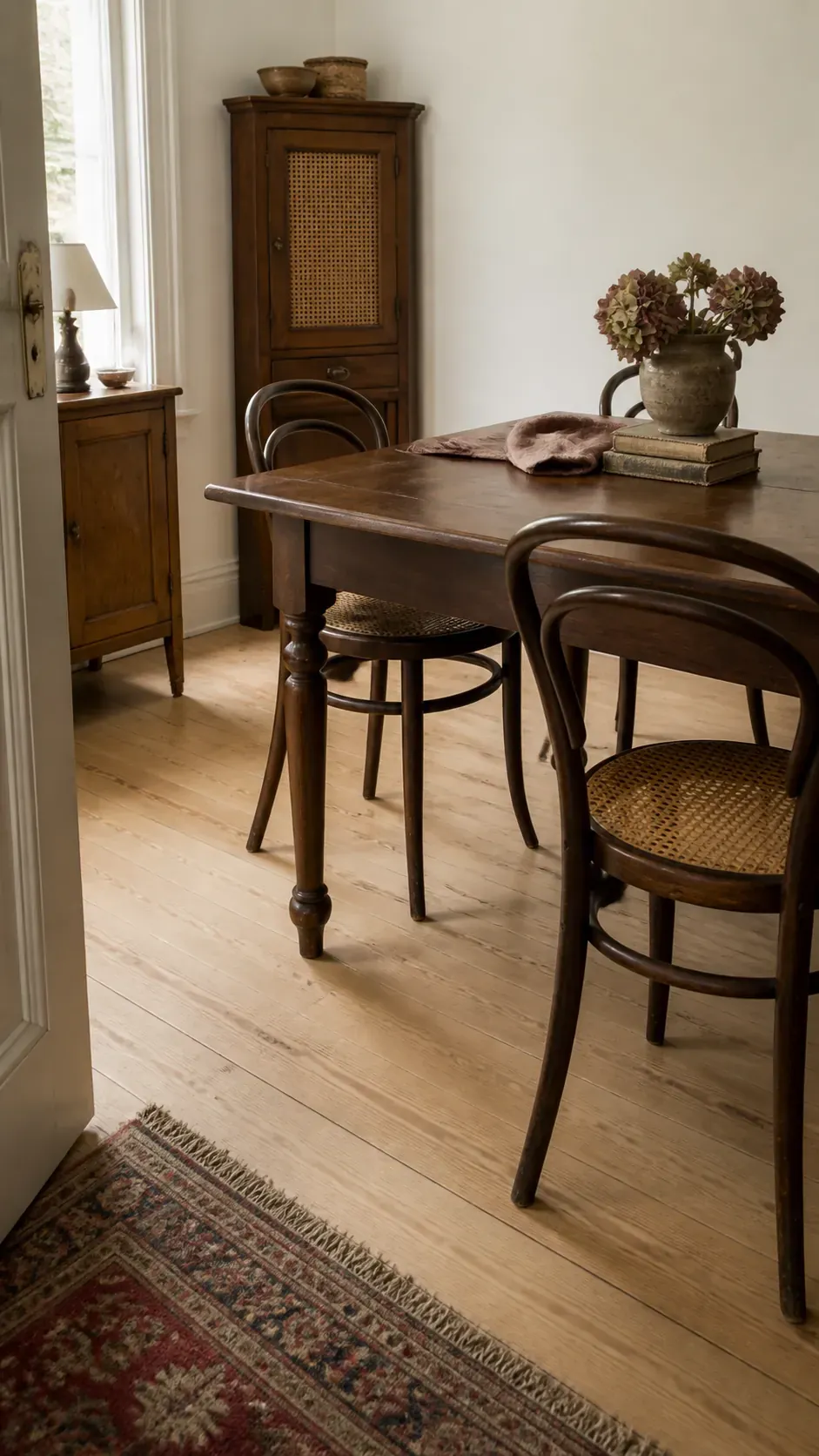 Vintage dining room mixing pale oak flooring with a dark walnut table