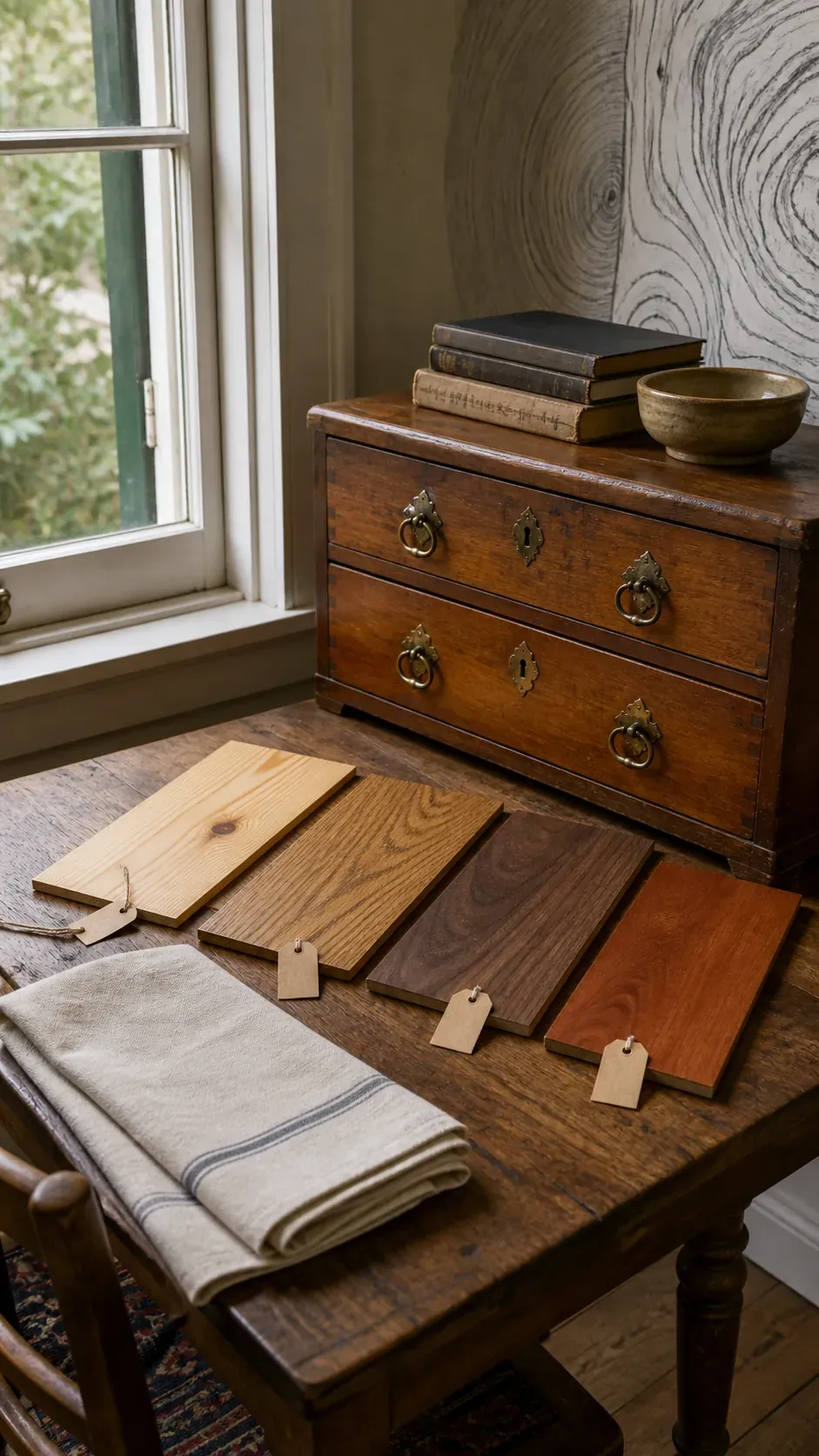 Warm vintage wood tones compared together in natural window light