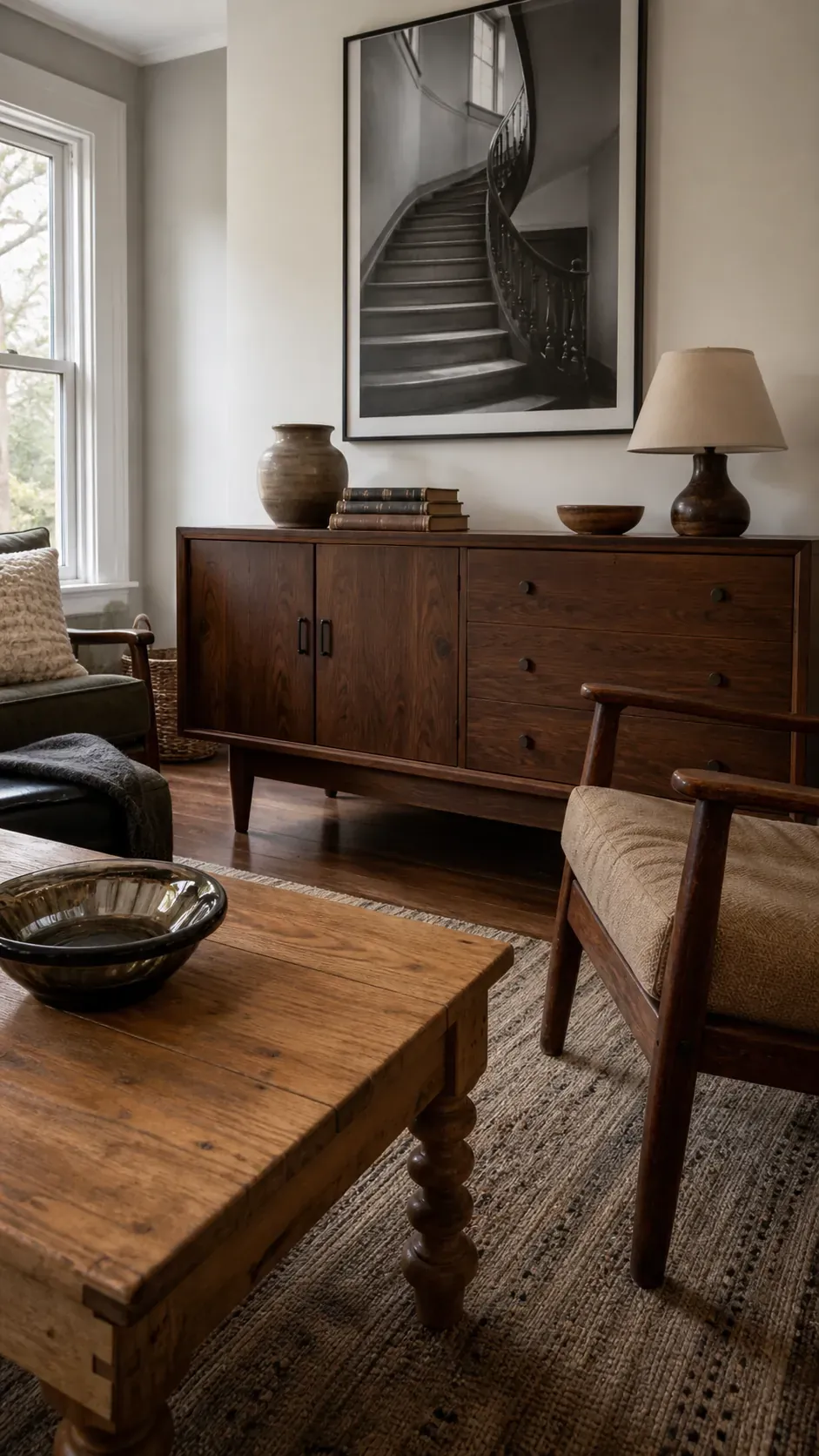 Collected vintage living room repeating walnut and oak tones across furniture