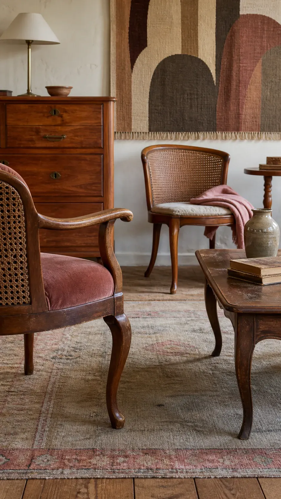 Vintage room connecting mixed wood furniture through related curved silhouettes
