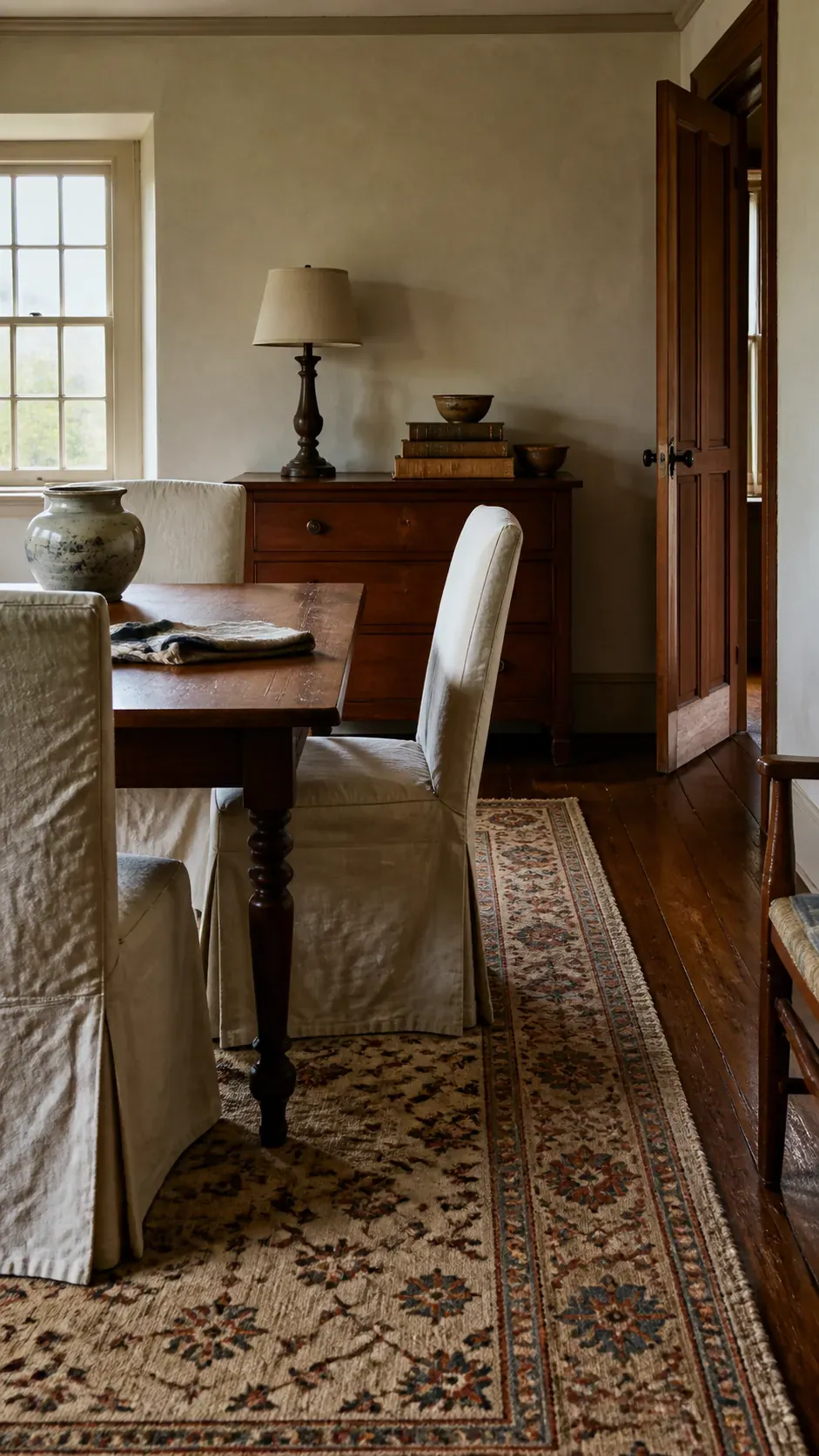 Vintage wood furniture unified by a patterned wool rug and linen upholstery