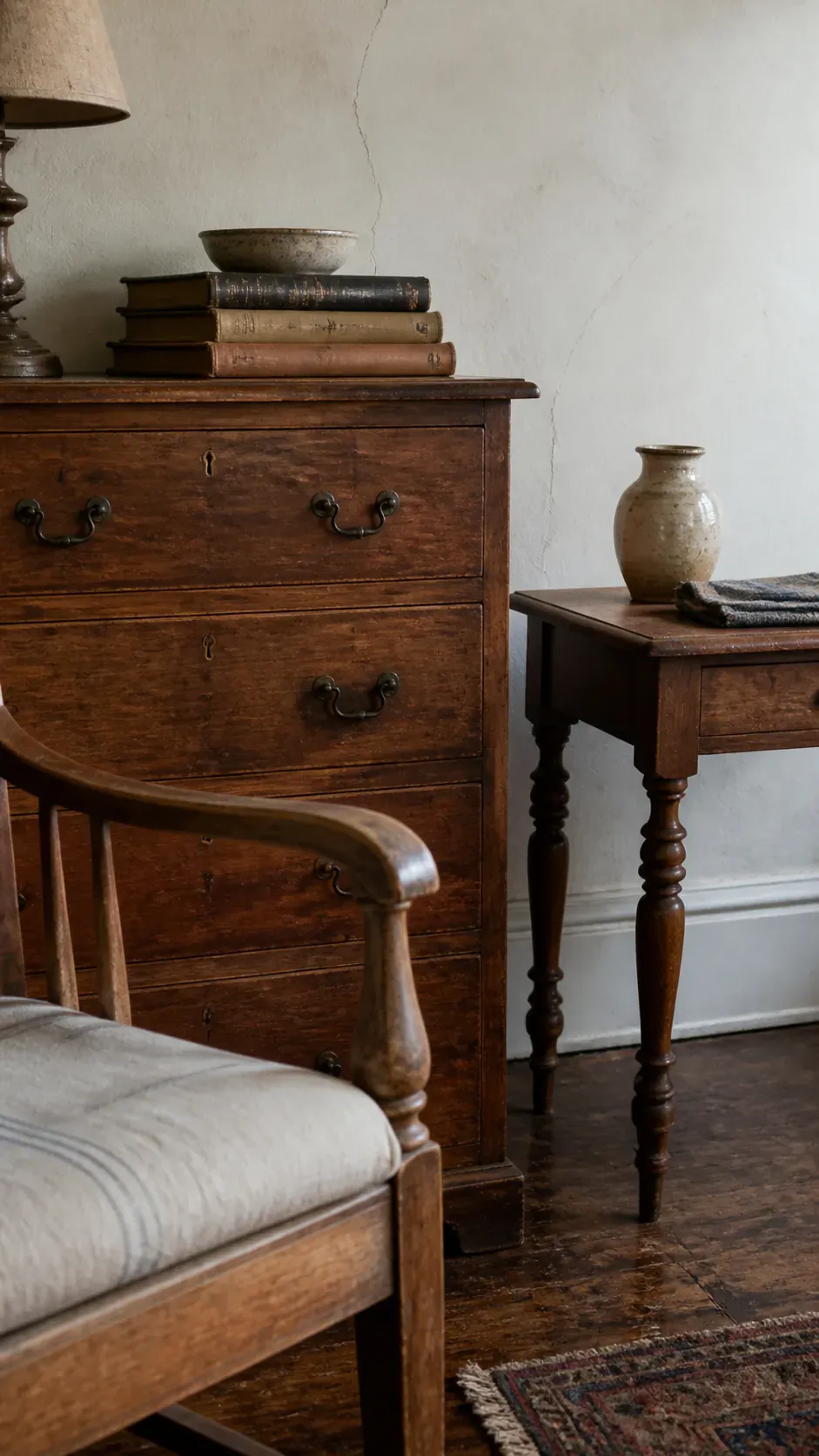 Close view of authentic patina on mixed vintage wood furniture