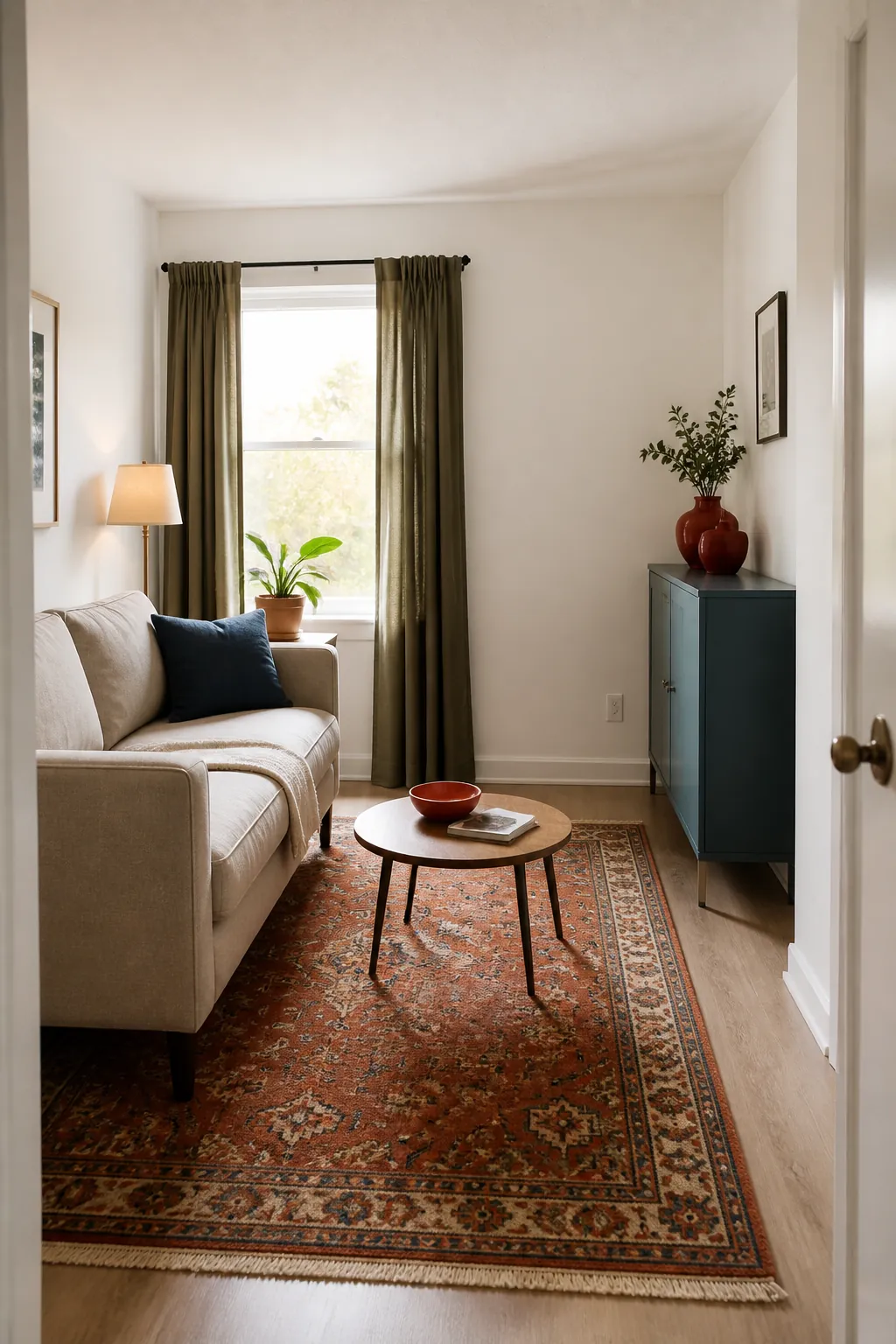 Colorful renter-friendly decor in a small home with white walls
