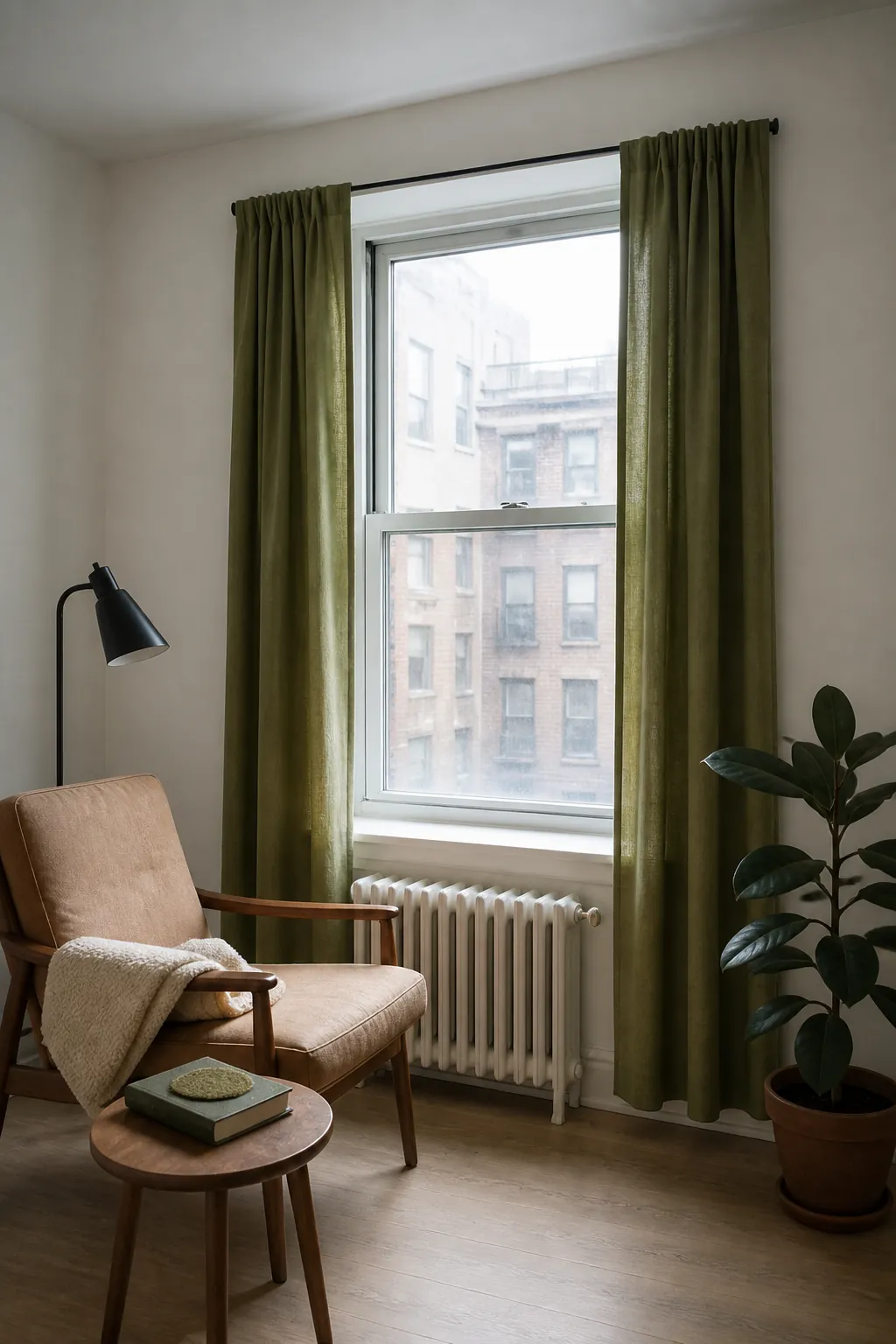Olive curtains framing a window in a compact white rental room