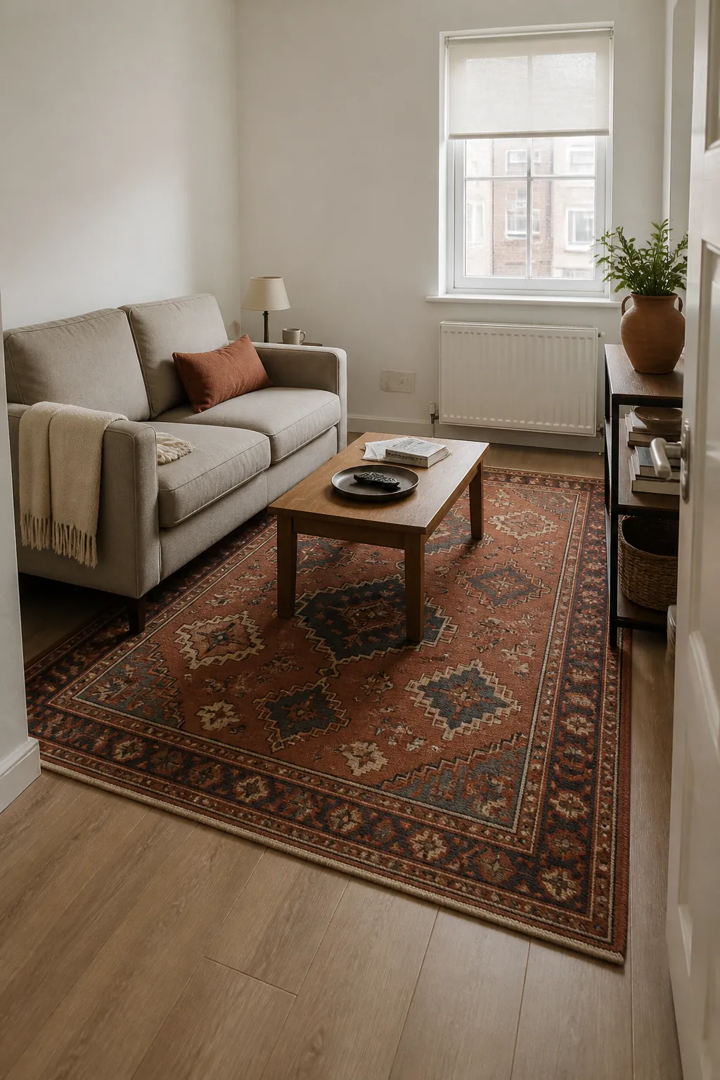 Rust area rug adding color to a small rental living room with white walls