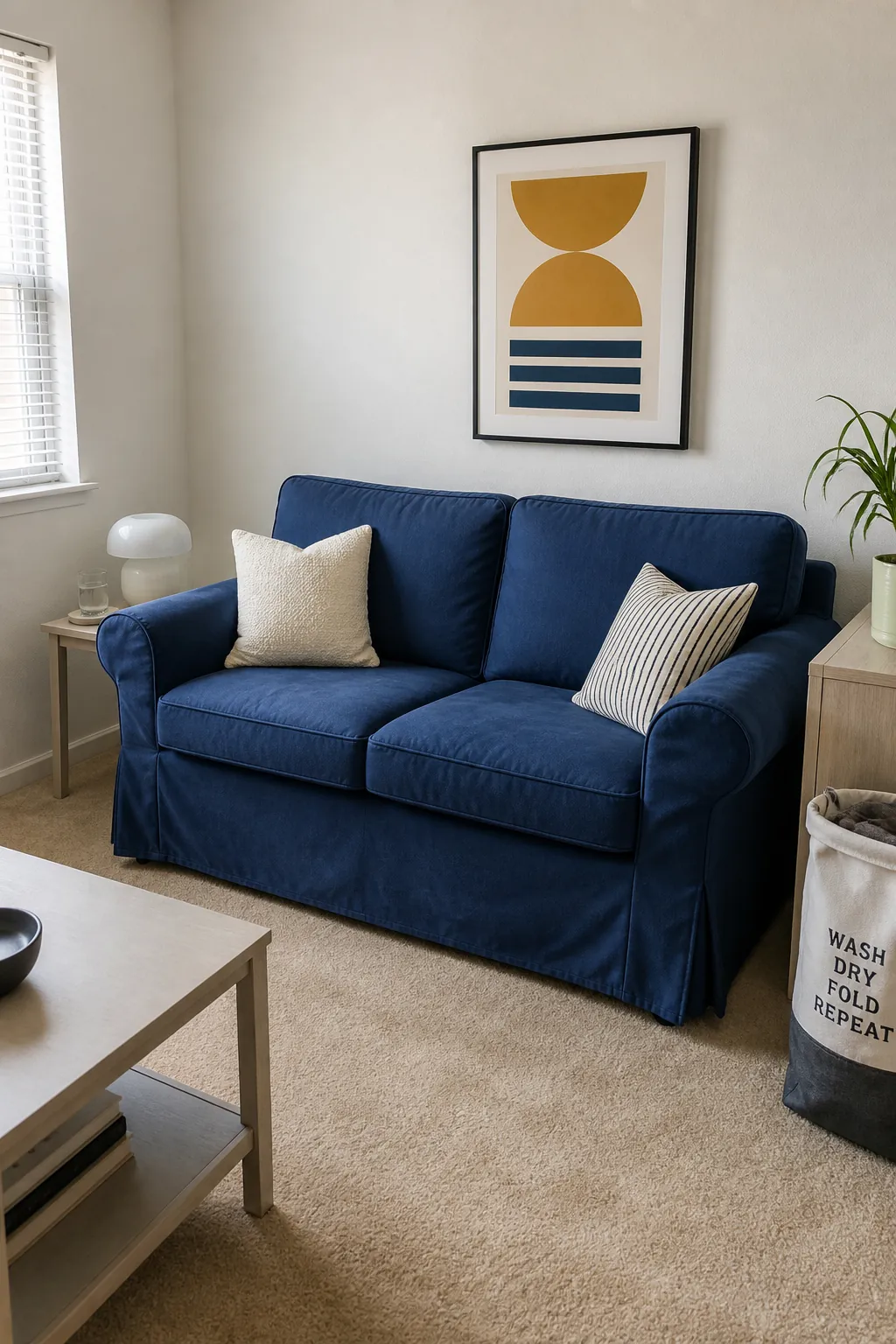 Deep blue sofa slipcover against white rental apartment walls