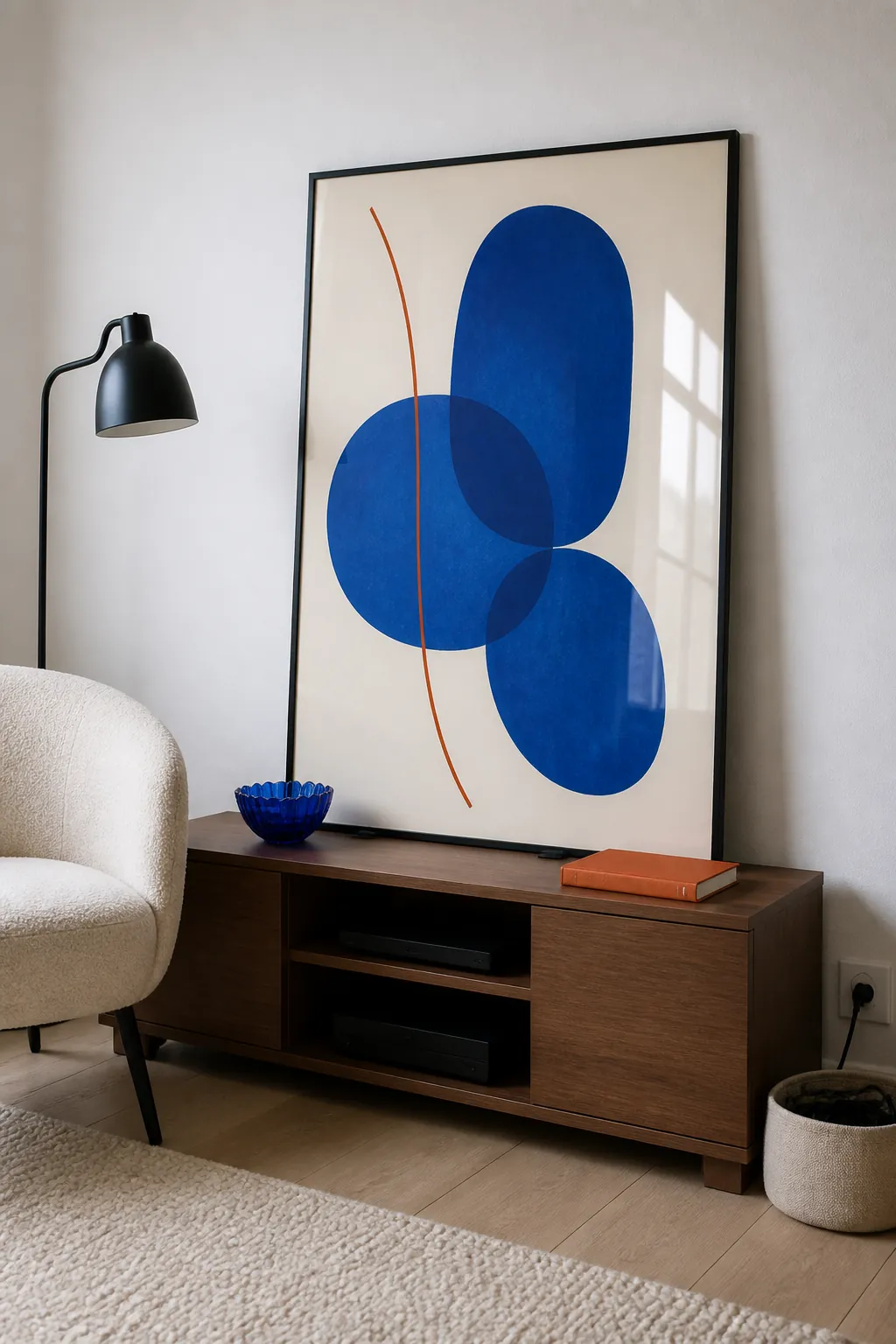 Oversized cobalt abstract print leaning against white rental walls
