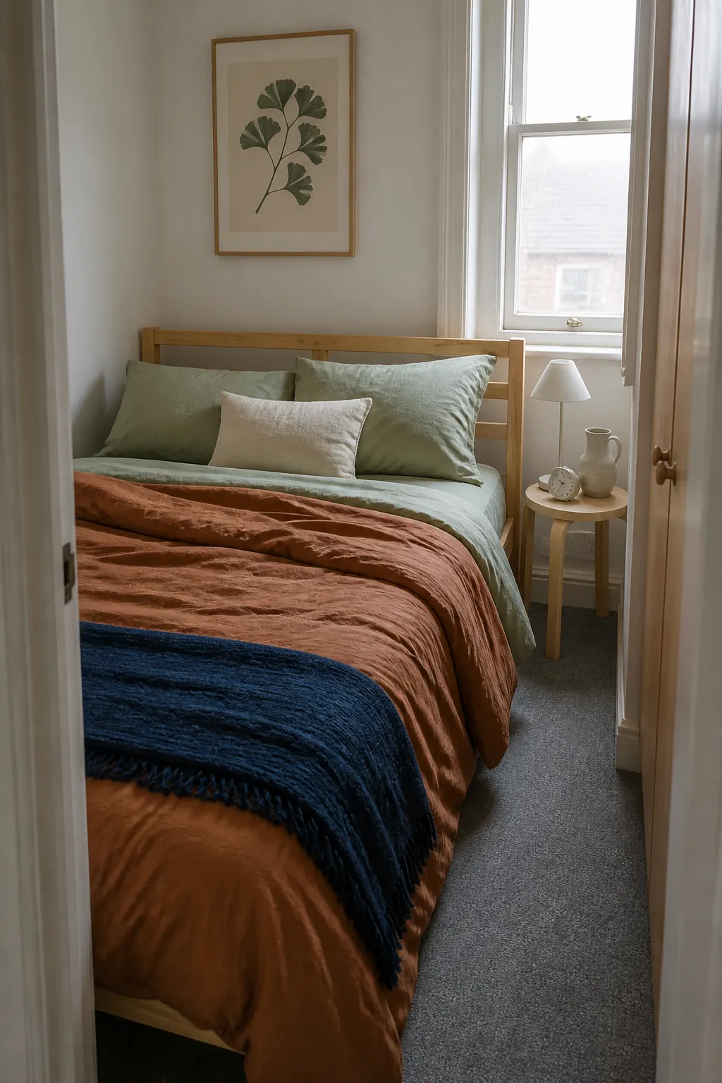 Clay and sage bedding adding renter-friendly color to a small white bedroom