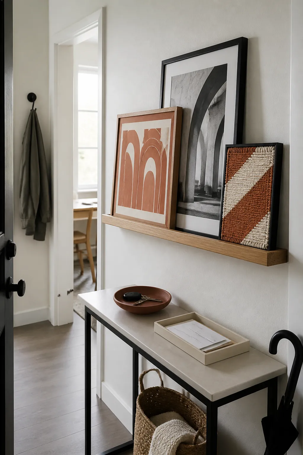 Terracotta picture ledge gallery adding color above a rental console