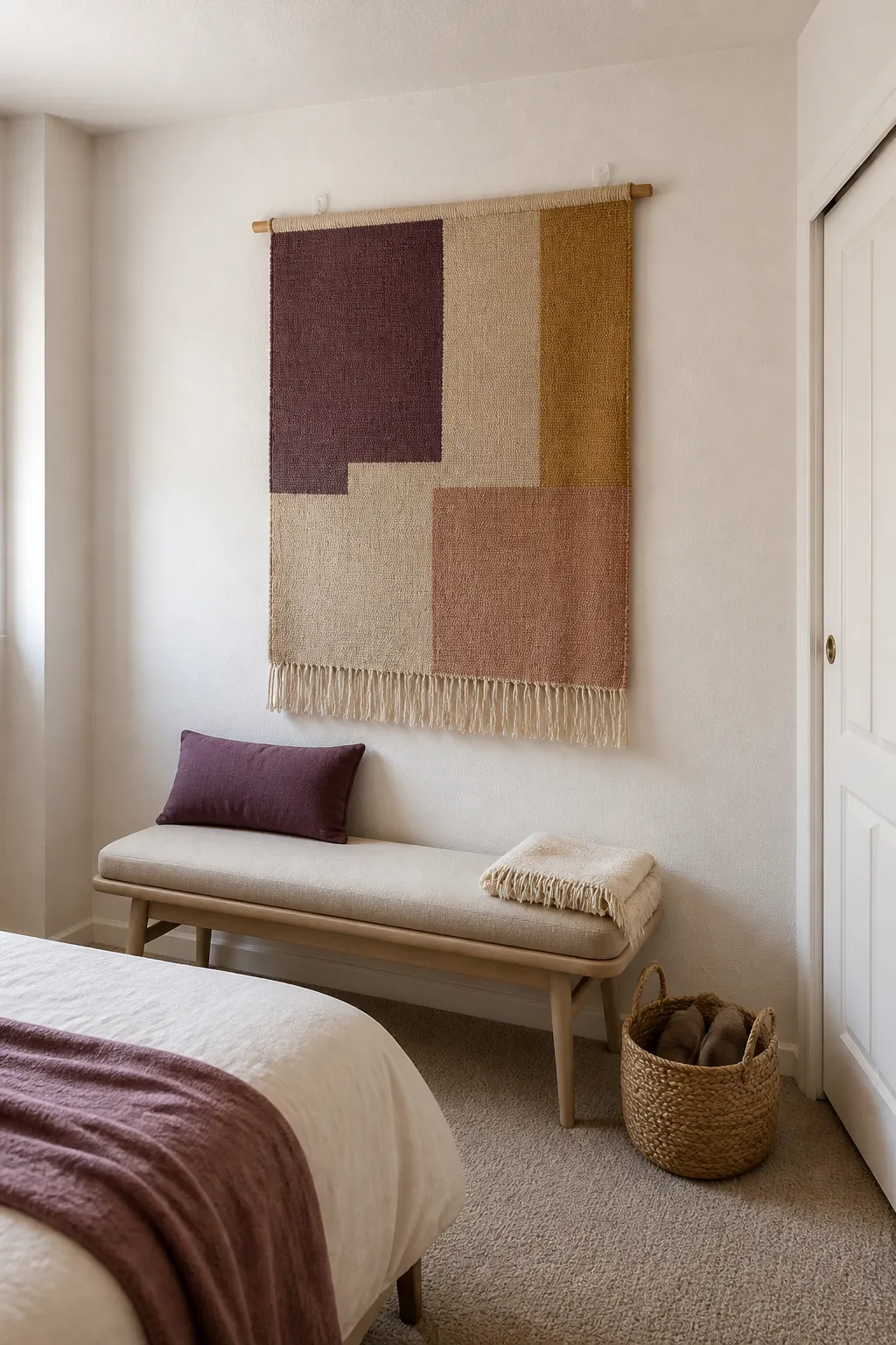 Geometric woven textile adding removable color to a white rental wall