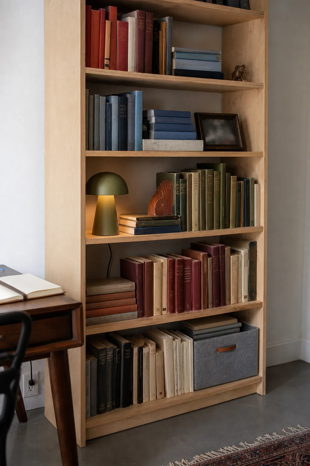Books arranged in a calm color rhythm on a small rental bookshelf