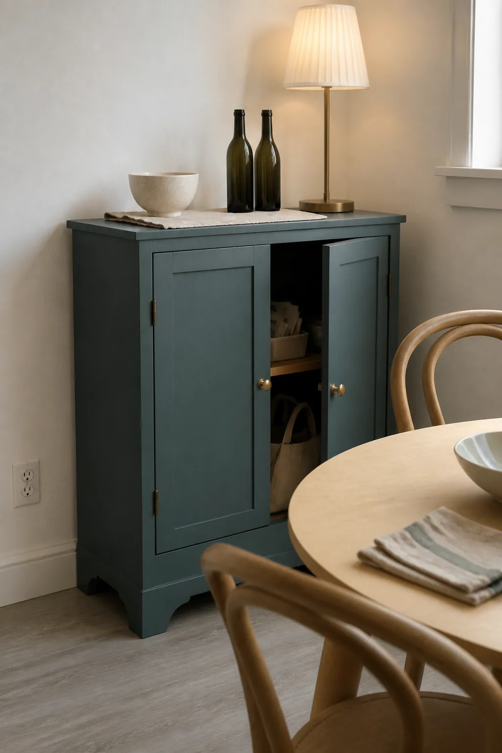 Smoky teal painted cabinet adding color to a white-walled rental