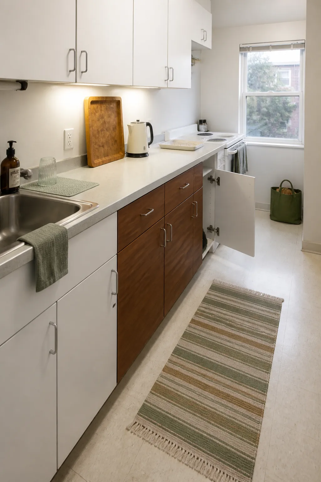 Removable walnut-look vinyl warming white rental kitchen cabinets