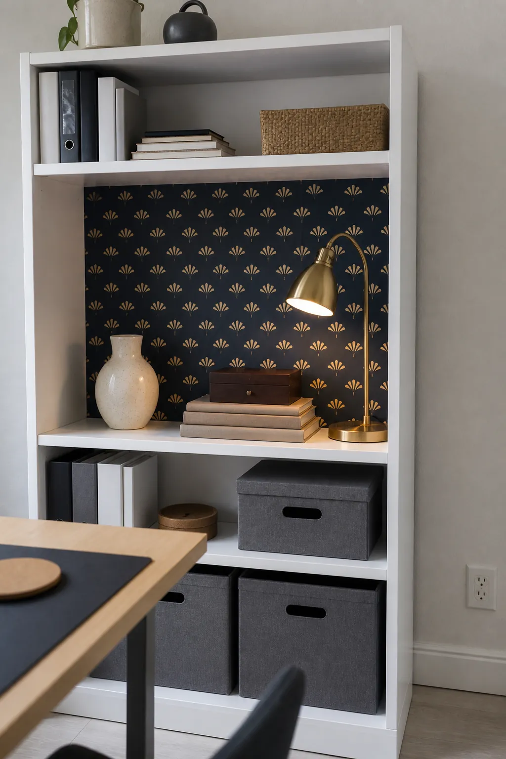 Navy and ochre removable wallpaper inside a small rental bookcase niche