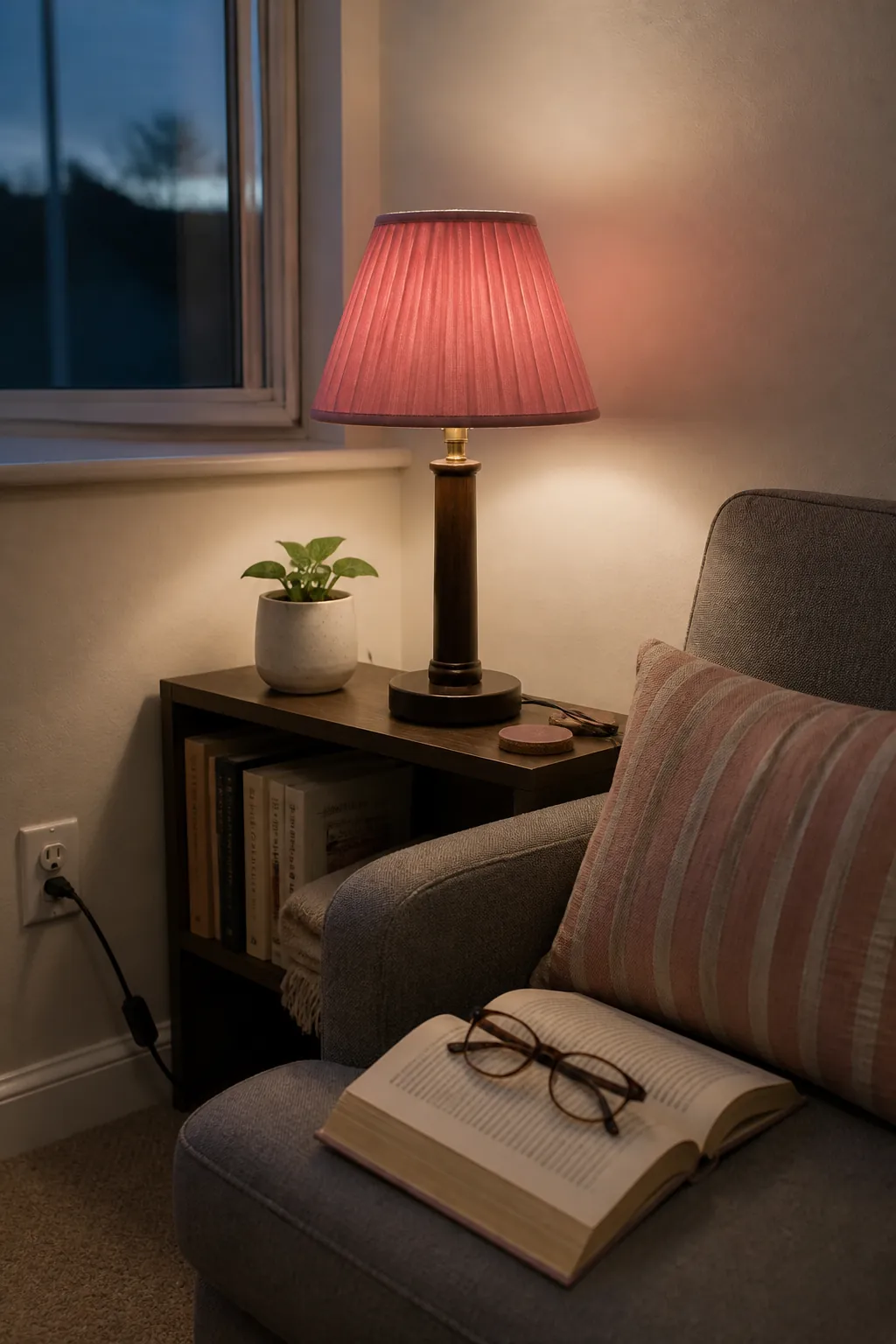 Muted rose lampshade bringing warm color to a small white living room