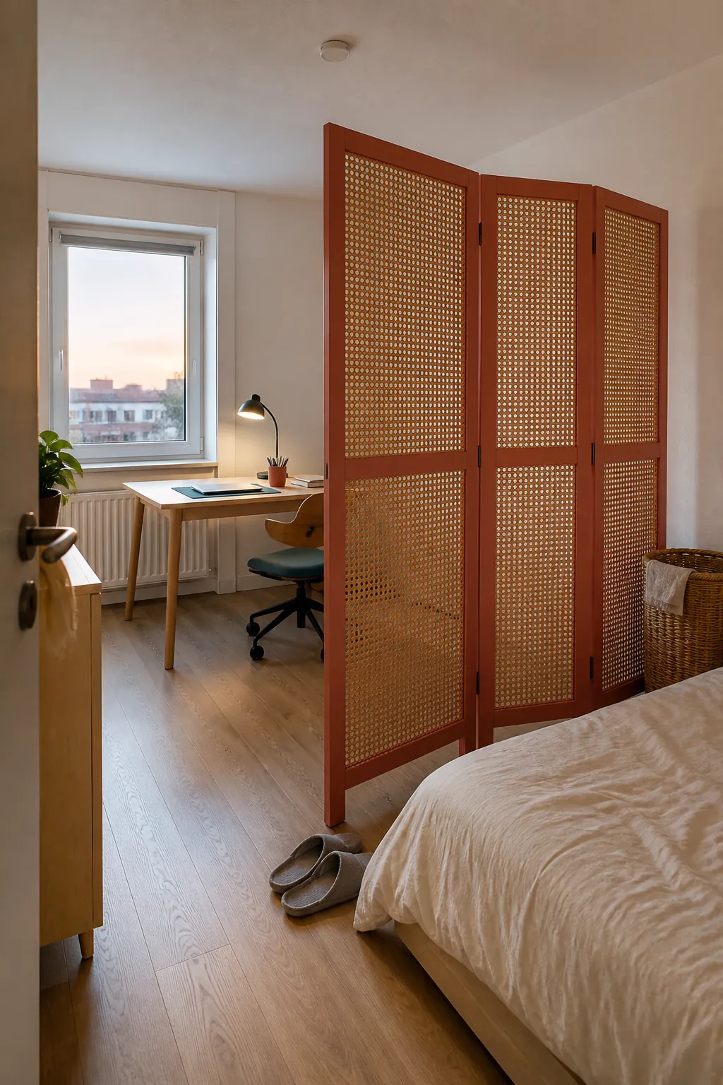 Coral folding screen creating a colorful zone in a white rental studio