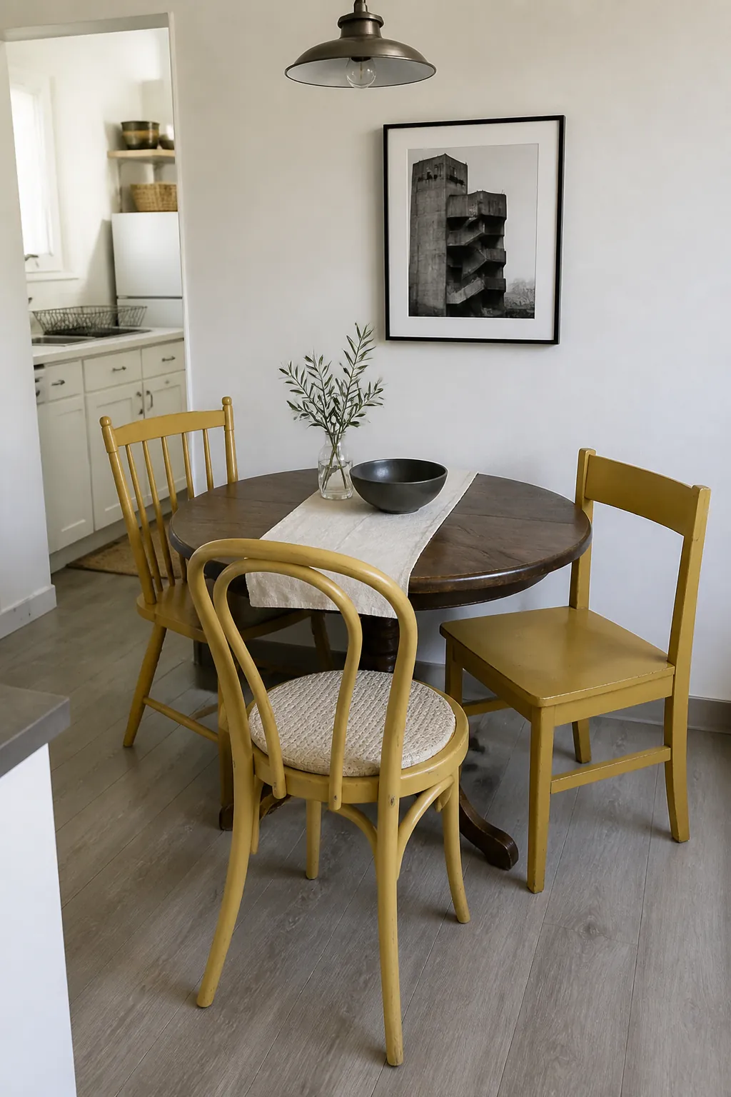 Soft mustard mismatched dining chairs in a compact white rental