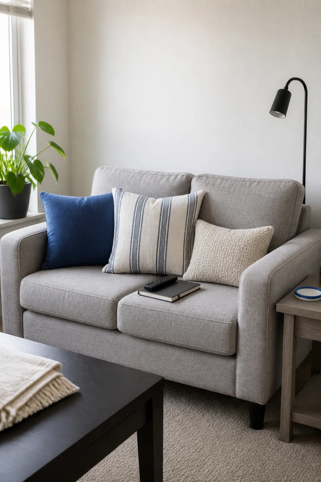 Cobalt patterned and neutral cushions styling a small rental sofa
