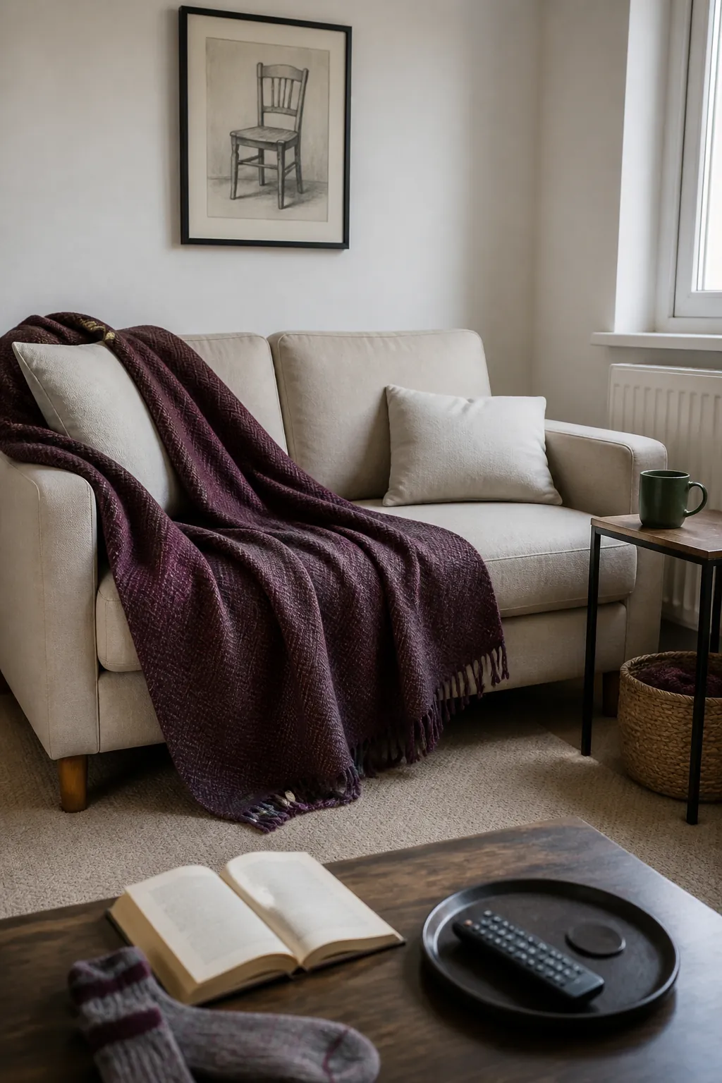 Plum throw adding deep color to a neutral sofa in a white rental