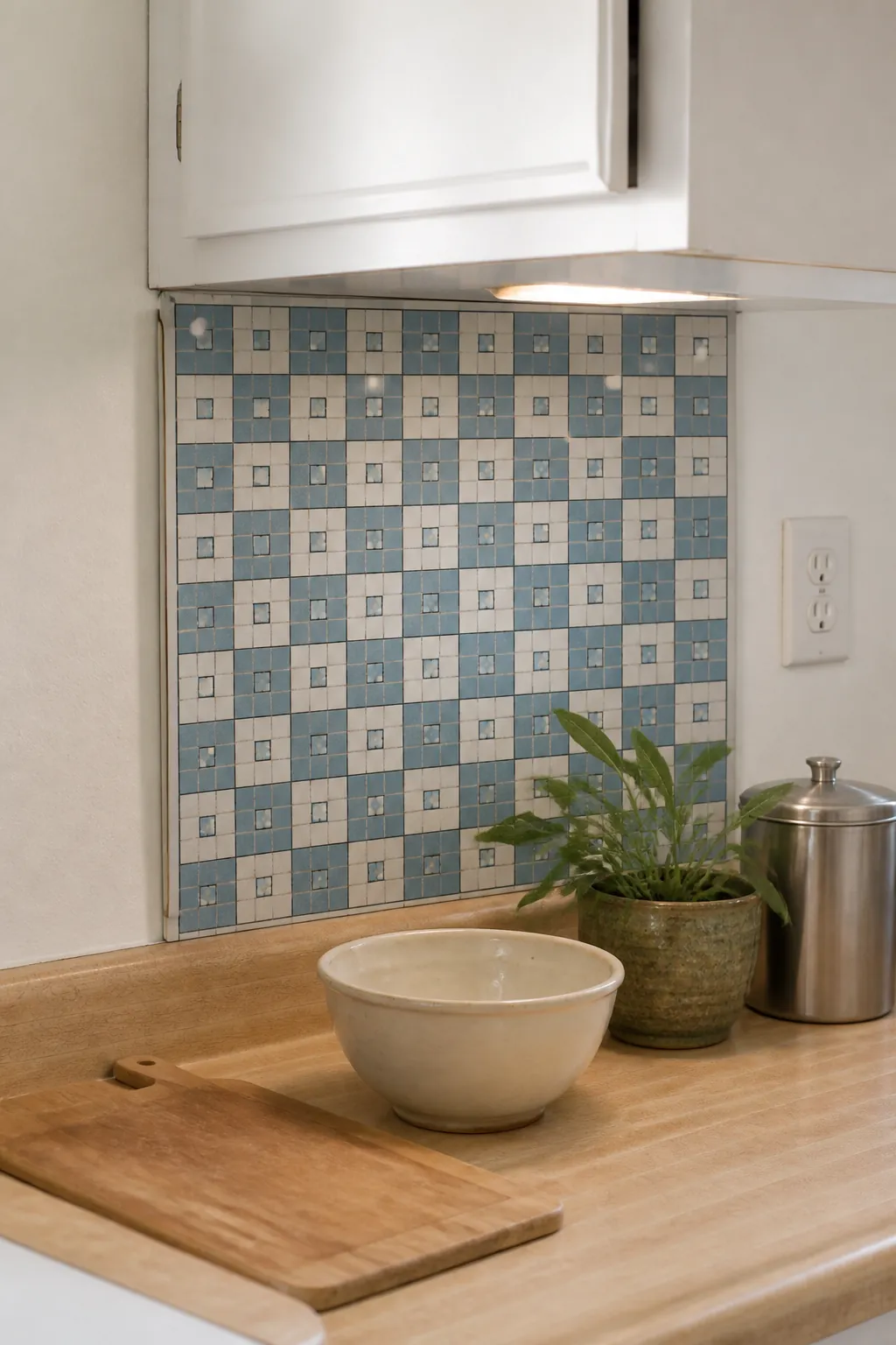 Dusty blue removable backsplash panel in a compact rental kitchen