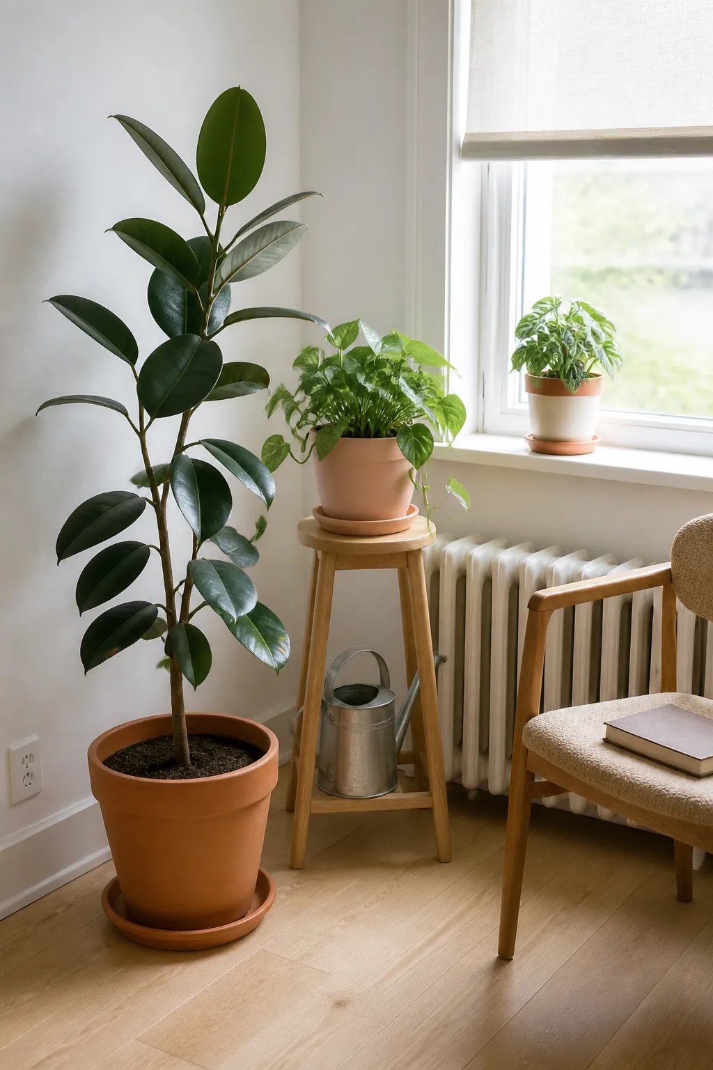 Terracotta and peach planters adding coordinated color to white rental walls