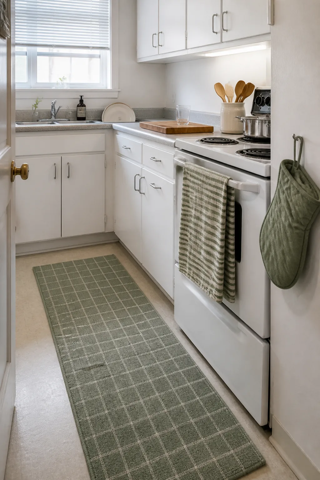 Sage kitchen textiles adding renter-friendly color to a small white kitchen