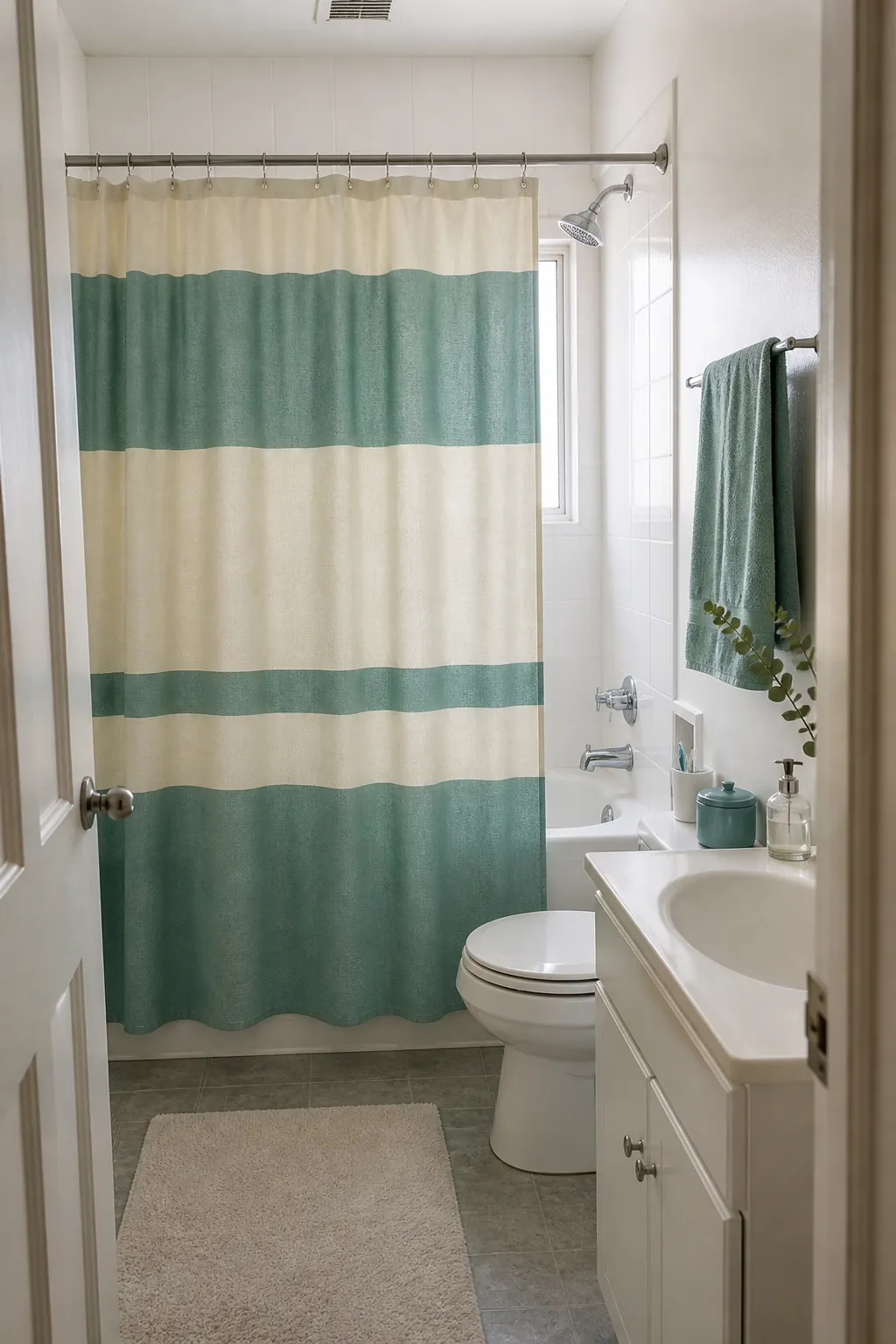 Sea-green striped shower curtain coloring a small white rental bathroom