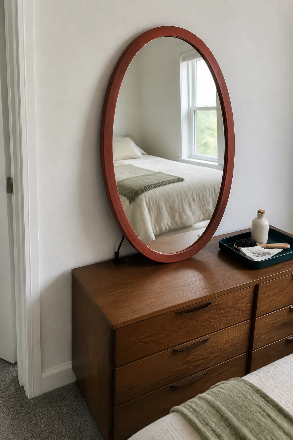 Brick-red mirror frame creating a bold accent against a white rental wall
