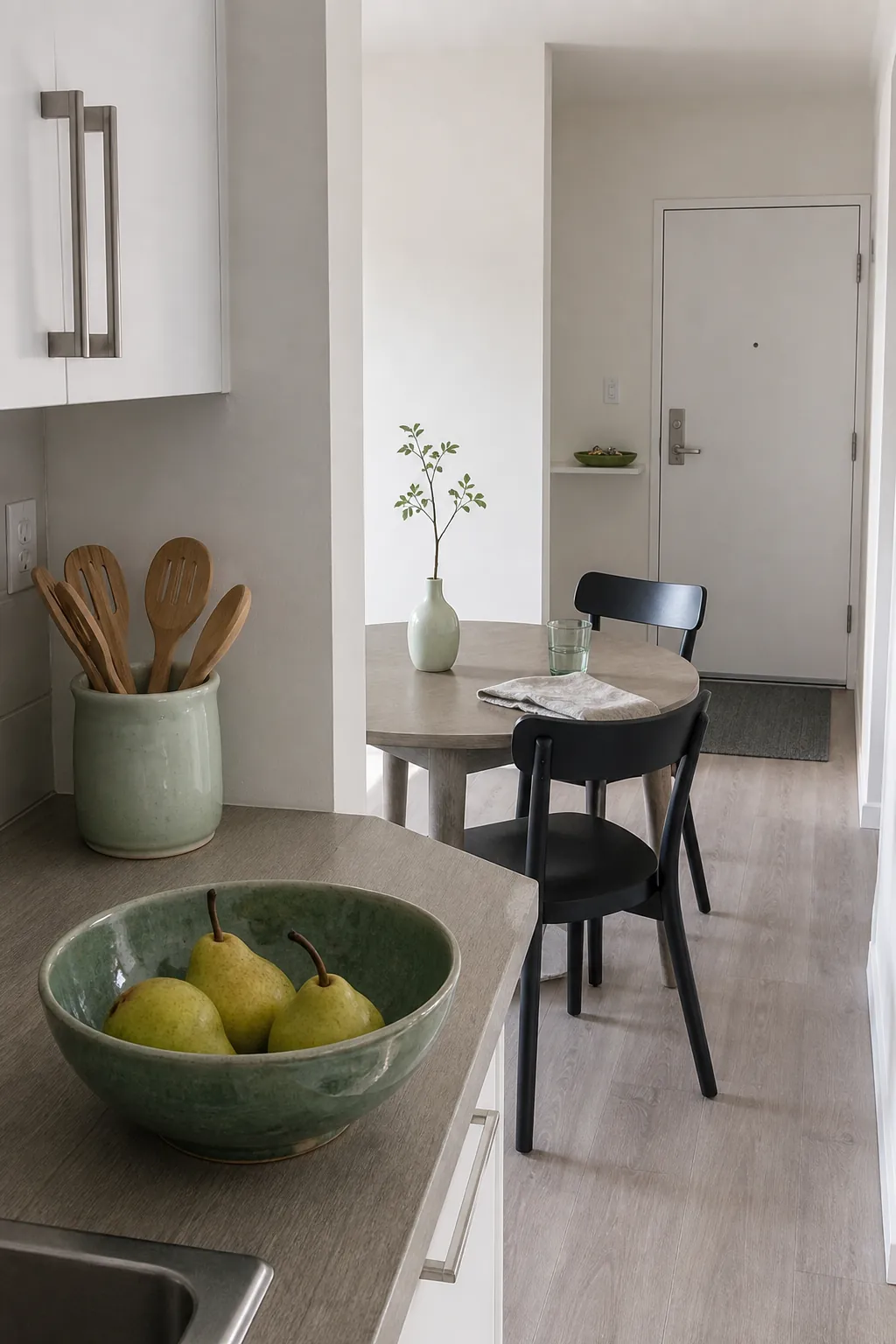 Jade and celadon ceramics adding functional color to a small rental