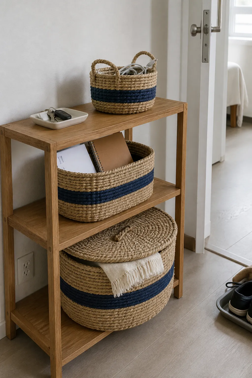 Navy-banded storage baskets organizing a white-walled small rental