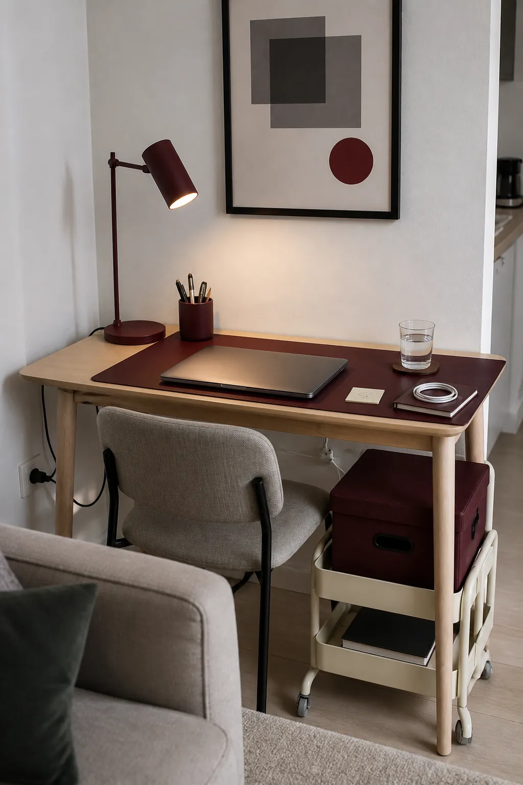 Burgundy accessories color-coding a compact rental home office