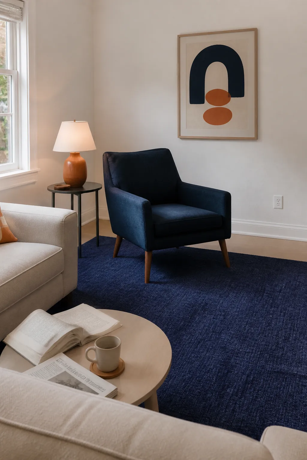 Indigo and apricot accents balanced in a white-walled small rental