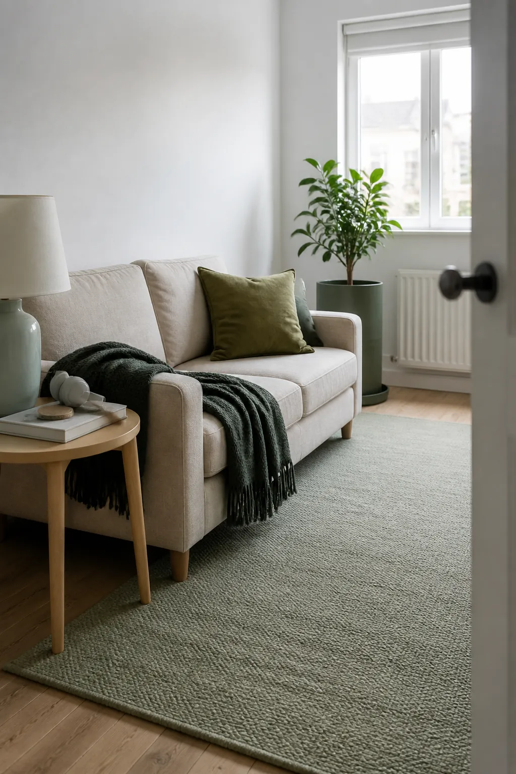 Tonal sage olive and forest accents in a small white rental room