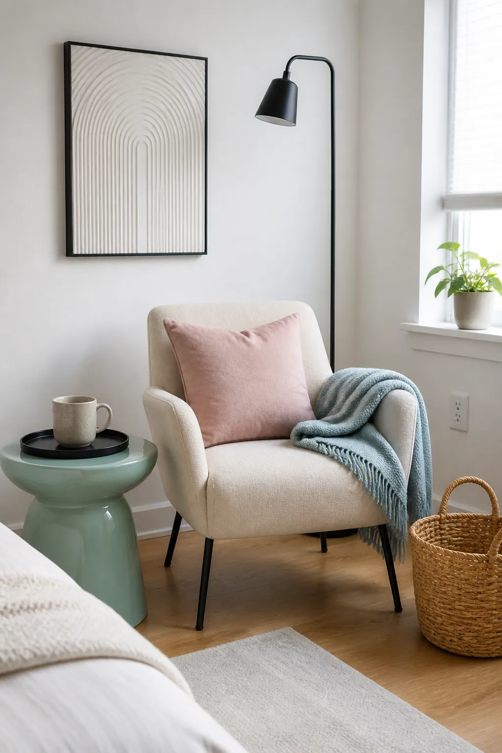 Pastel accents grounded by small black details in a white rental room