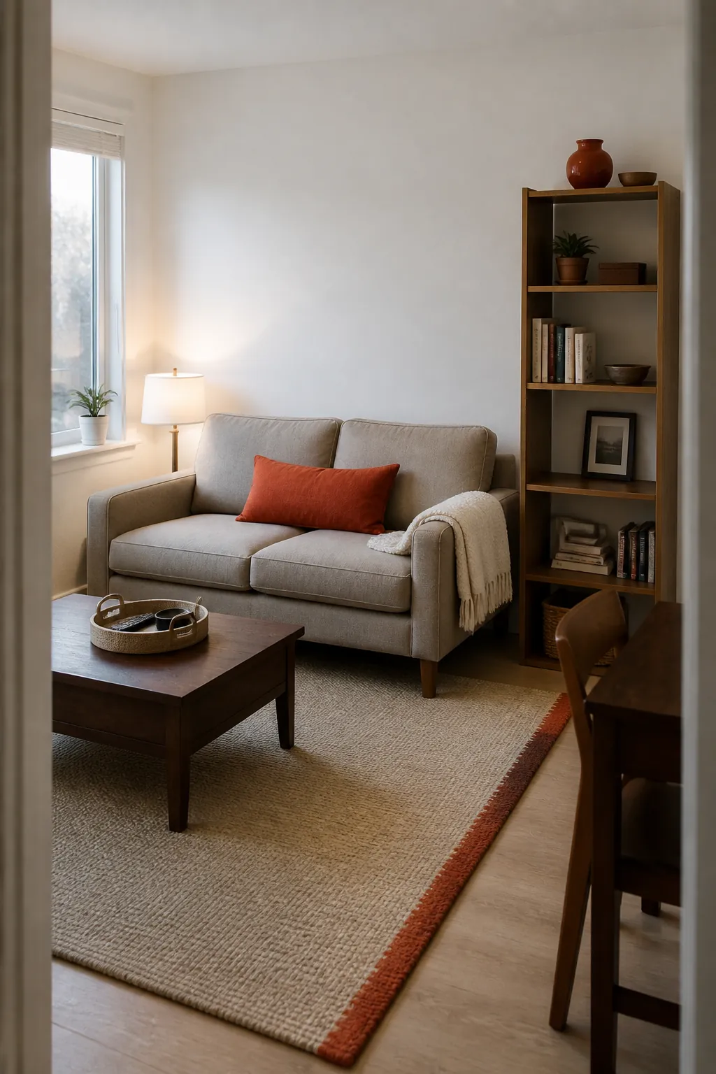 Paprika accent repeated at three heights in a small white rental room