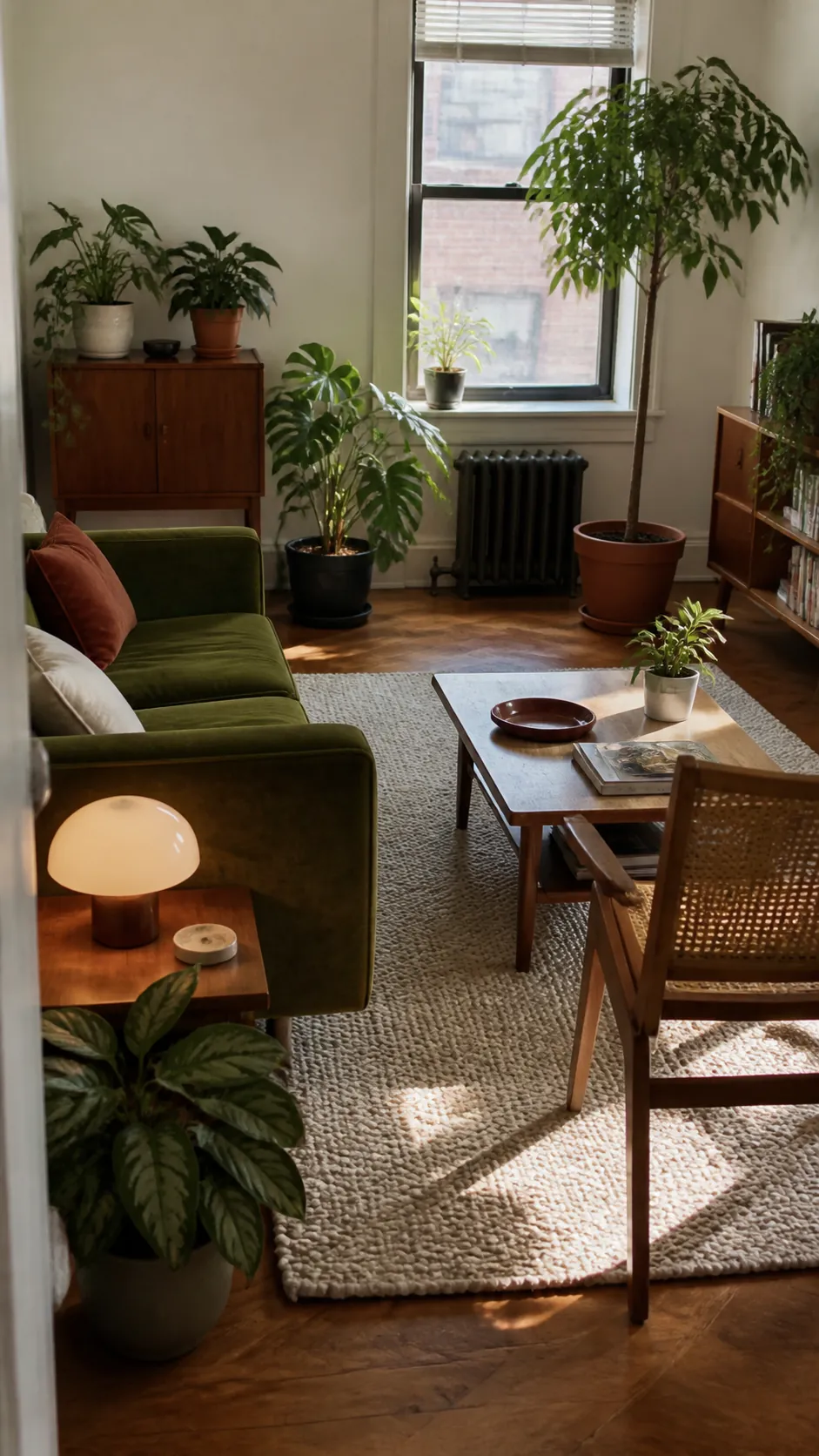 Cozy retro living room layered with plants and tactile textures