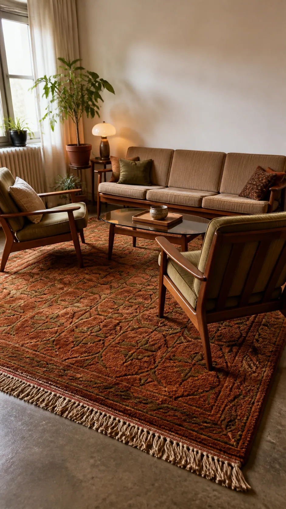 Cozy retro living room anchored by a deep-pile geometric rug