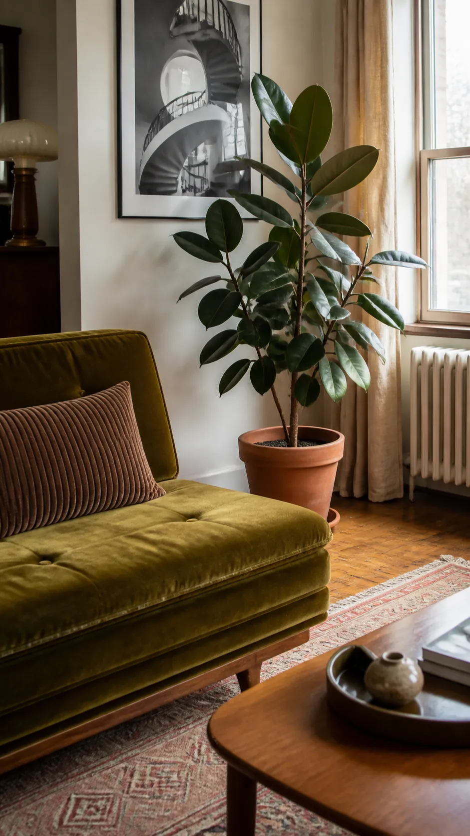 Olive velvet sofa paired with a healthy broad-leaf plant
